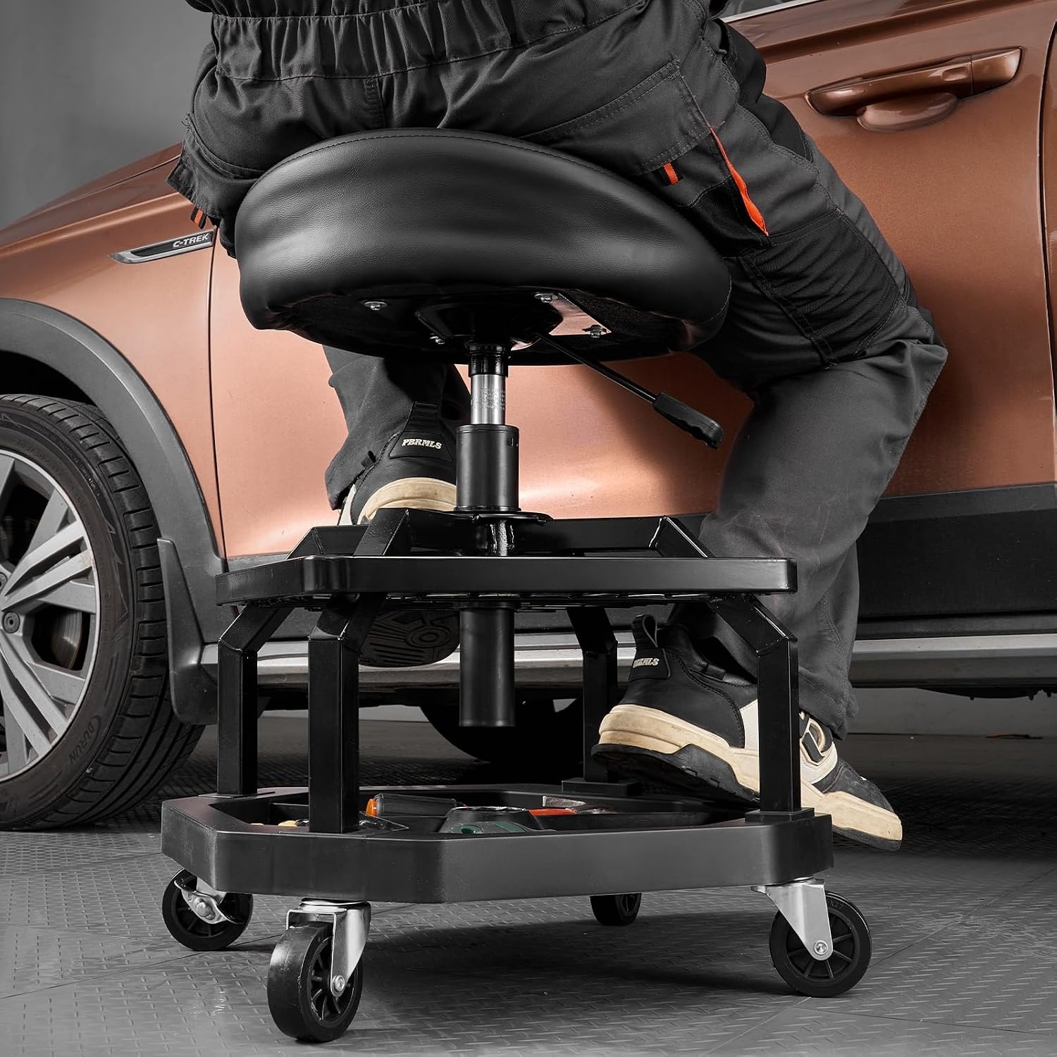 image:imageVEVOR Mechanic Stool Dual Storage Trays Rolling Stool and Garage Stool with Adjustable Height 236295 inSoft Waterproof Cushion 360 Swivel Casters 330 LBS Capacity Heavy DutyBlack