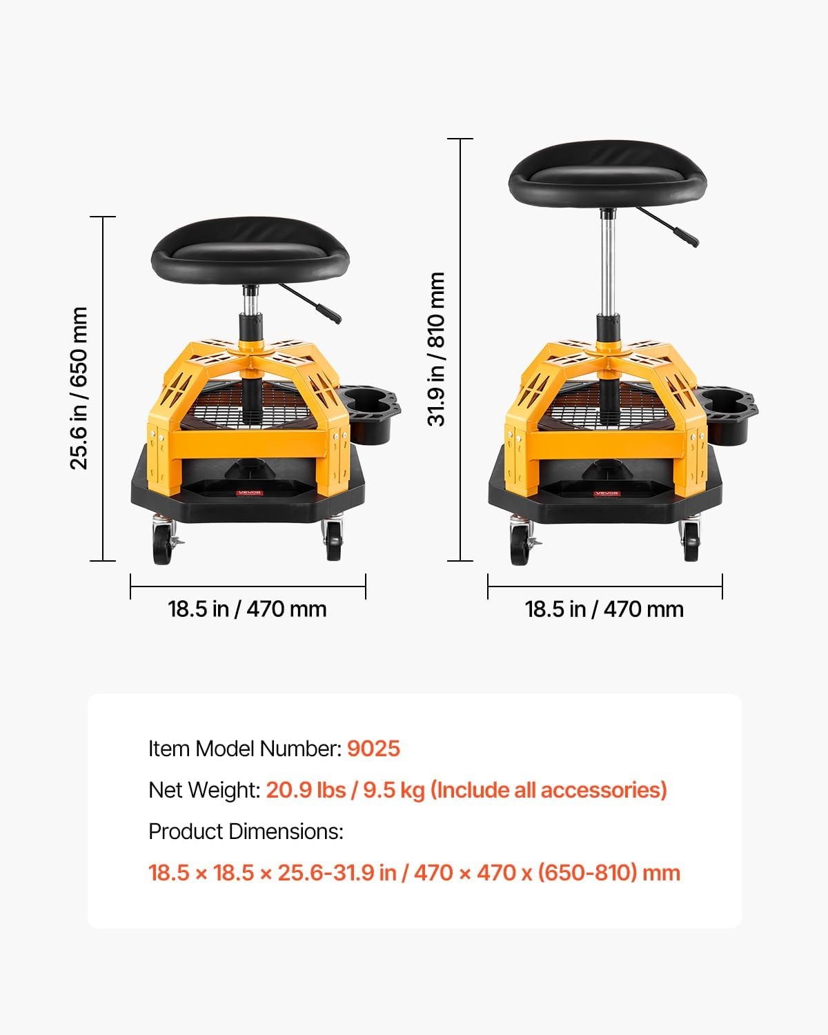 image:imageVEVOR Mechanic Stool Dual Storage Trays Rolling Stool and Garage Stool with Adjustable Height 236295 inSoft Waterproof Cushion 360 Swivel Casters 330 LBS Capacity Heavy DutyYellow