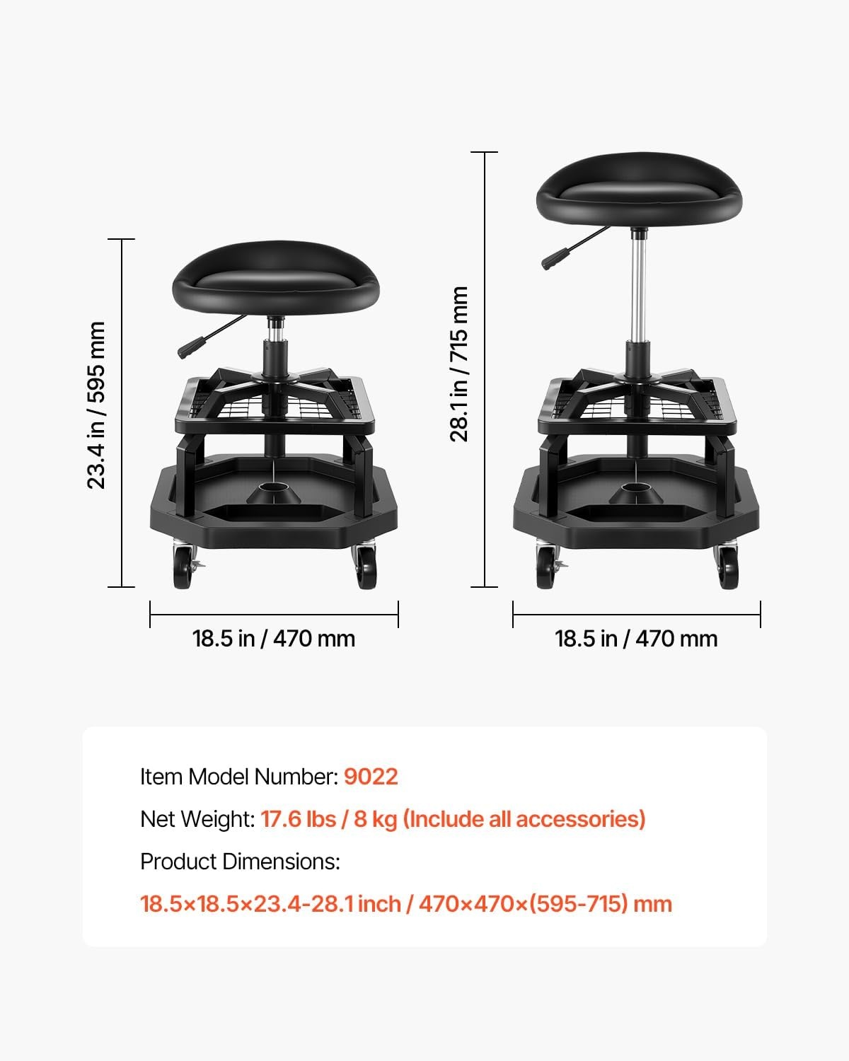 image:imageVEVOR Mechanic Stool Dual Storage Trays Rolling Stool and Garage Stool with Adjustable Height 236295 inSoft Waterproof Cushion 360 Swivel Casters 330 LBS Capacity Heavy DutyBlack