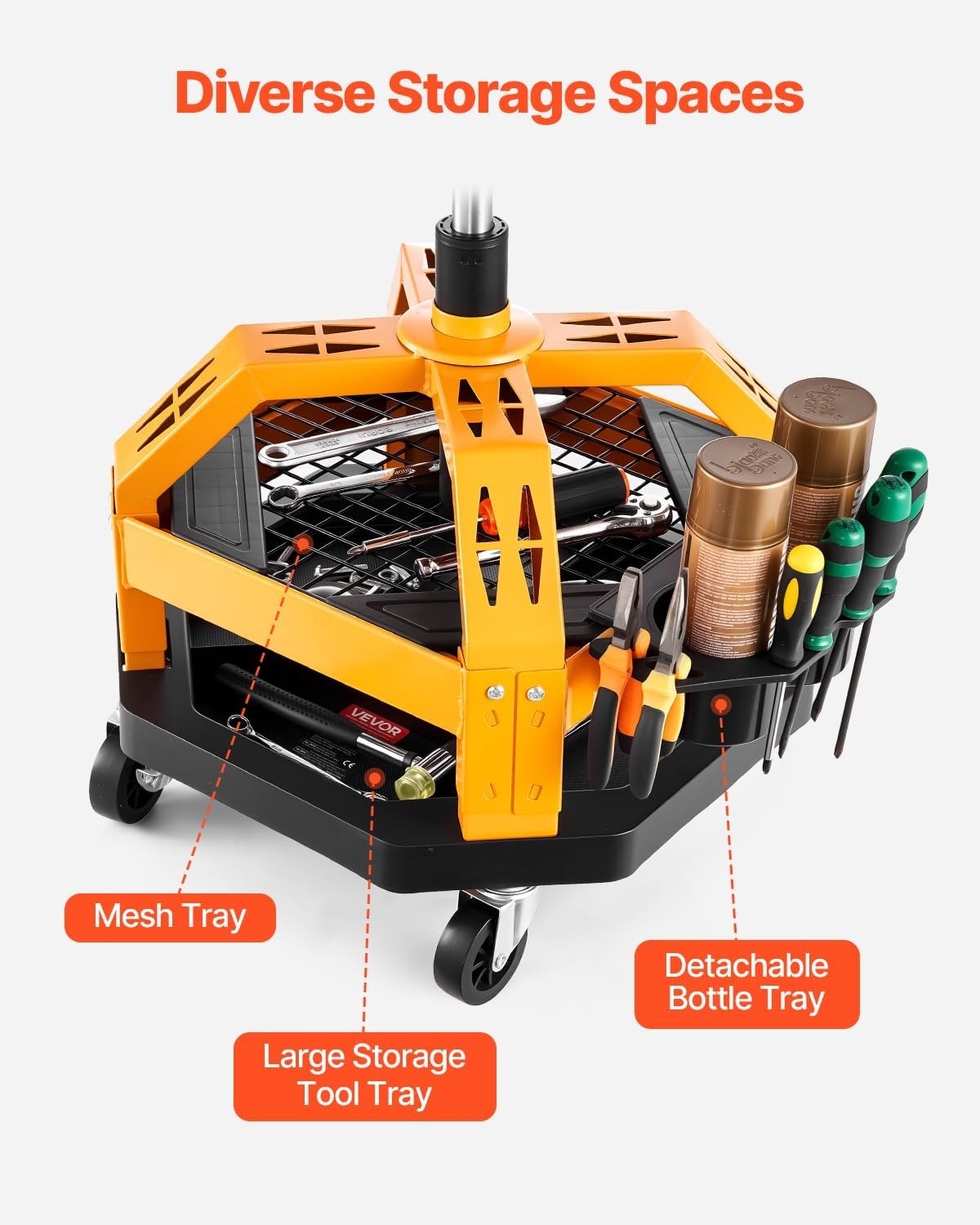 image:imageVEVOR Mechanic Stool Dual Storage Trays Rolling Stool and Garage Stool with Adjustable Height 236295 inSoft Waterproof Cushion 360 Swivel Casters 330 LBS Capacity Heavy DutyYellow