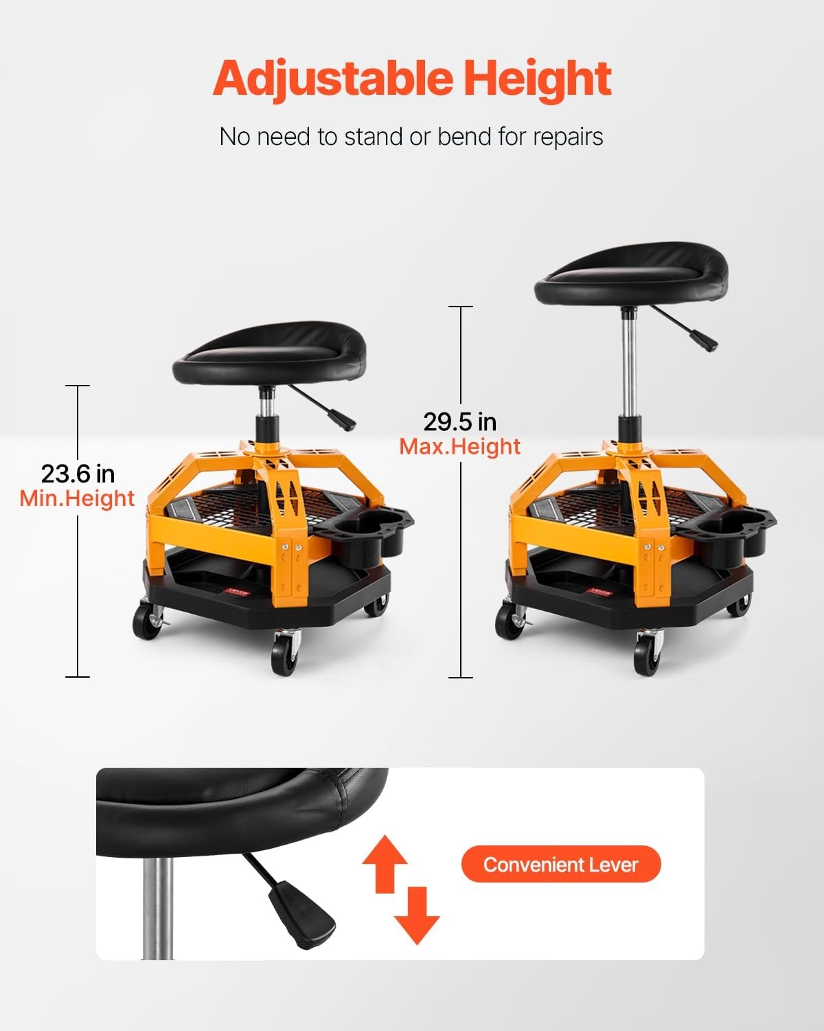 image:imageVEVOR Mechanic Stool Dual Storage Trays Rolling Stool and Garage Stool with Adjustable Height 236295 inSoft Waterproof Cushion 360 Swivel Casters 330 LBS Capacity Heavy DutyYellow