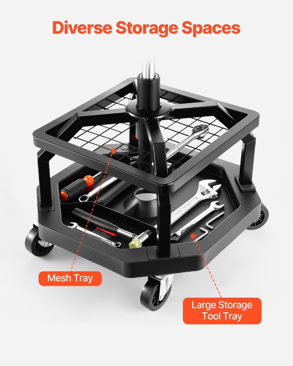image:imageVEVOR Mechanic Stool Dual Storage Trays Rolling Stool and Garage Stool with Adjustable Height 236295 inSoft Waterproof Cushion 360 Swivel Casters 330 LBS Capacity Heavy DutyBlack