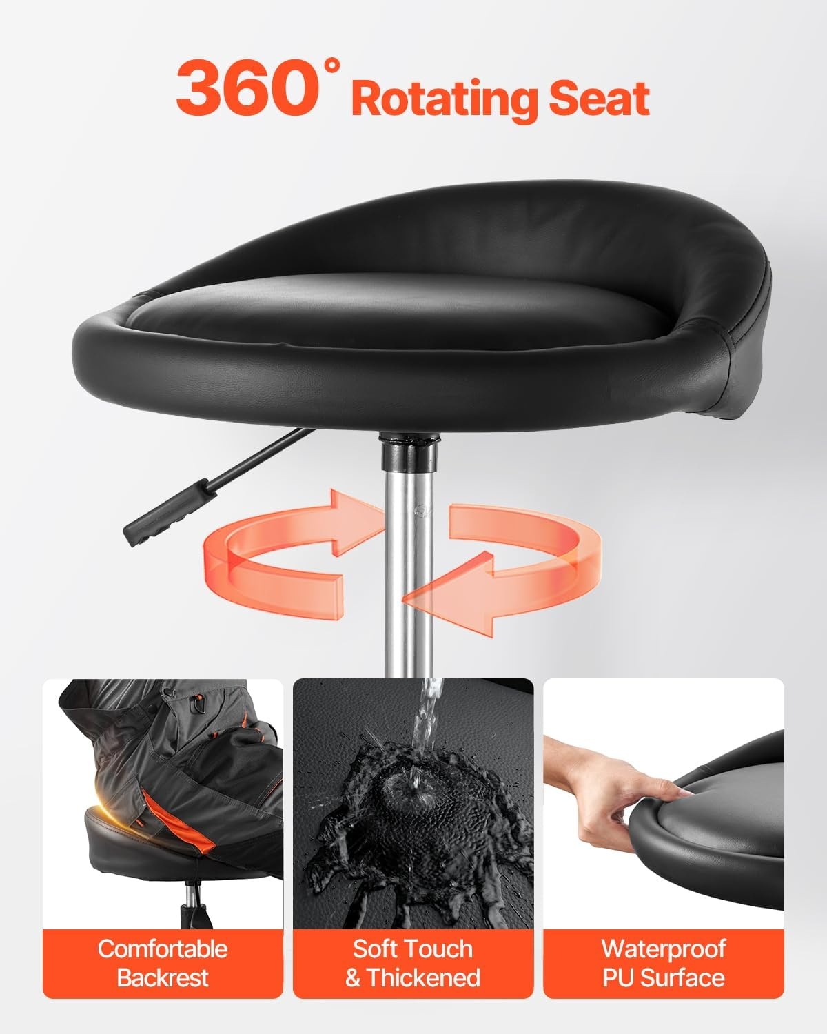 image:imageVEVOR Mechanic Stool Dual Storage Trays Rolling Stool and Garage Stool with Adjustable Height 236295 inSoft Waterproof Cushion 360 Swivel Casters 330 LBS Capacity Heavy DutyBlack