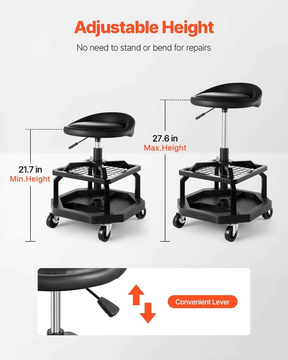 image:imageVEVOR Mechanic Stool Dual Storage Trays Rolling Stool and Garage Stool with Adjustable Height 236295 inSoft Waterproof Cushion 360 Swivel Casters 330 LBS Capacity Heavy DutyBlack