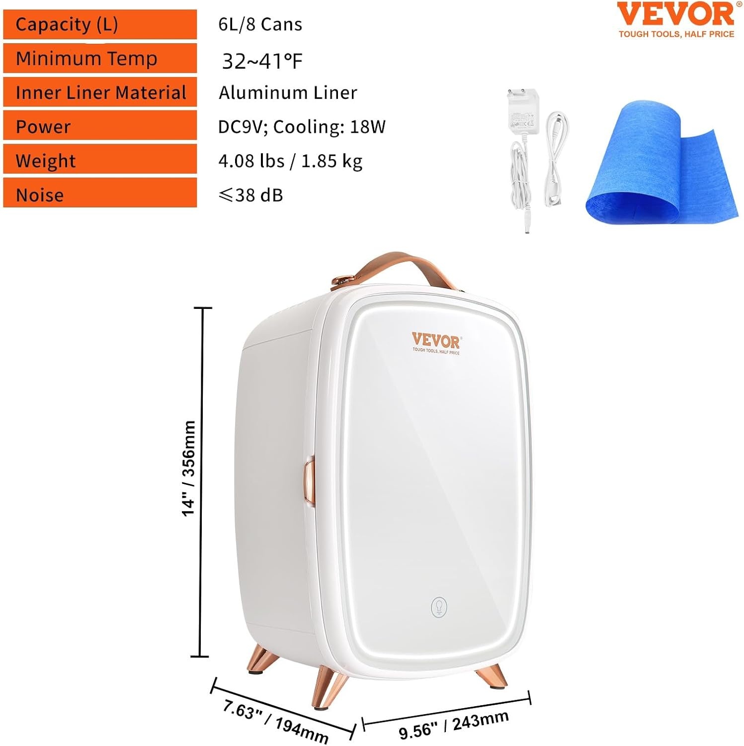 image:imageVEVOR Mini Fridge 6L Skincare Refrigerator with LED Light and HD Mirror ACDC Makeup Cooler for Skin Care Cosmetic Storage Chill Face Mask Drink Small Cooling for Bedroom Dorm Desktop BlackSmall
