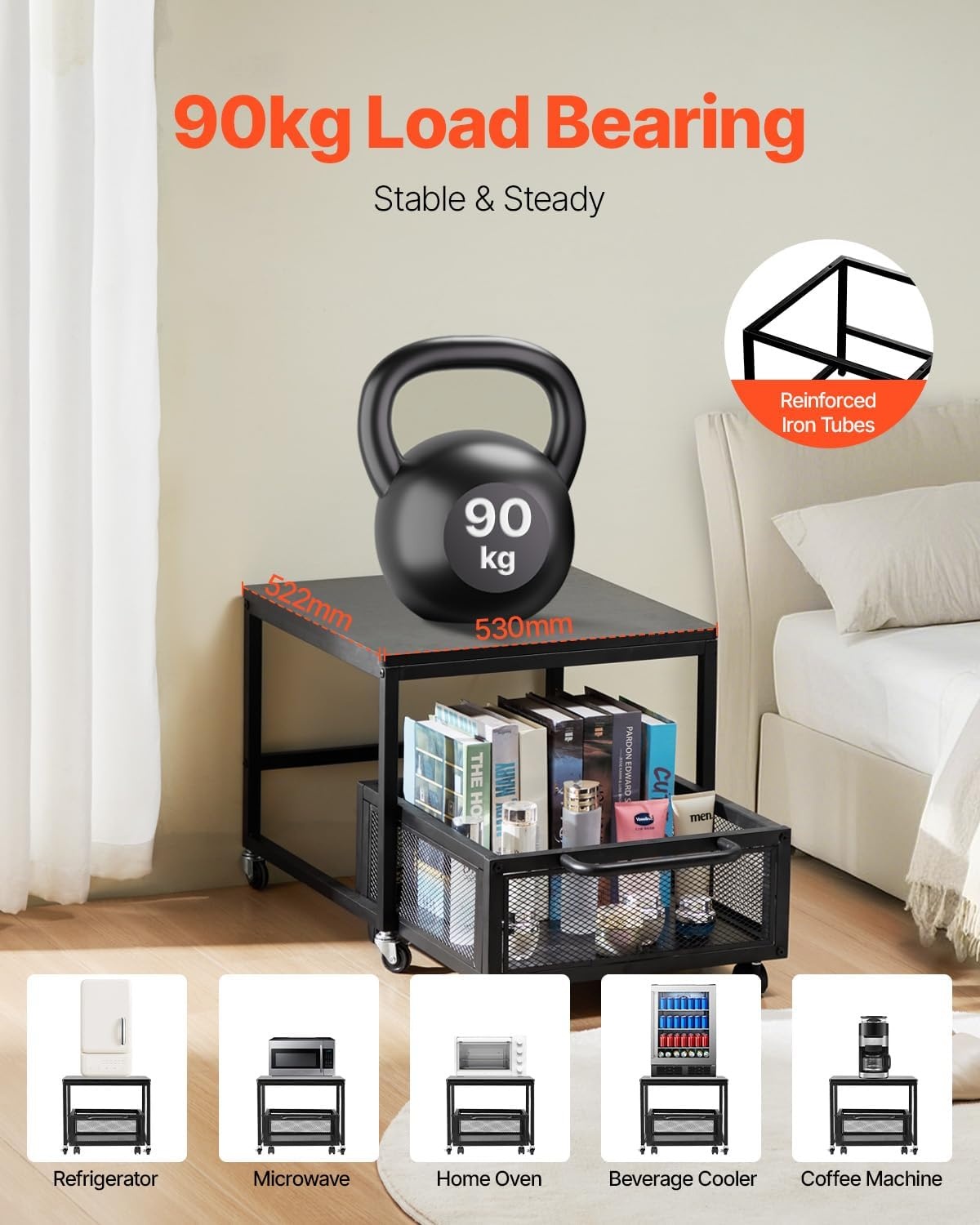 image:imageVEVOR Mini Fridge Stand with Storage 198 lbs Mini Fridge Table with Movable Storage Cart amp Swivel Wheels Beverage Refrigerator Stand for Coffee Bar Mini Fridge Organizer for Home Dorm Light BrownBlack