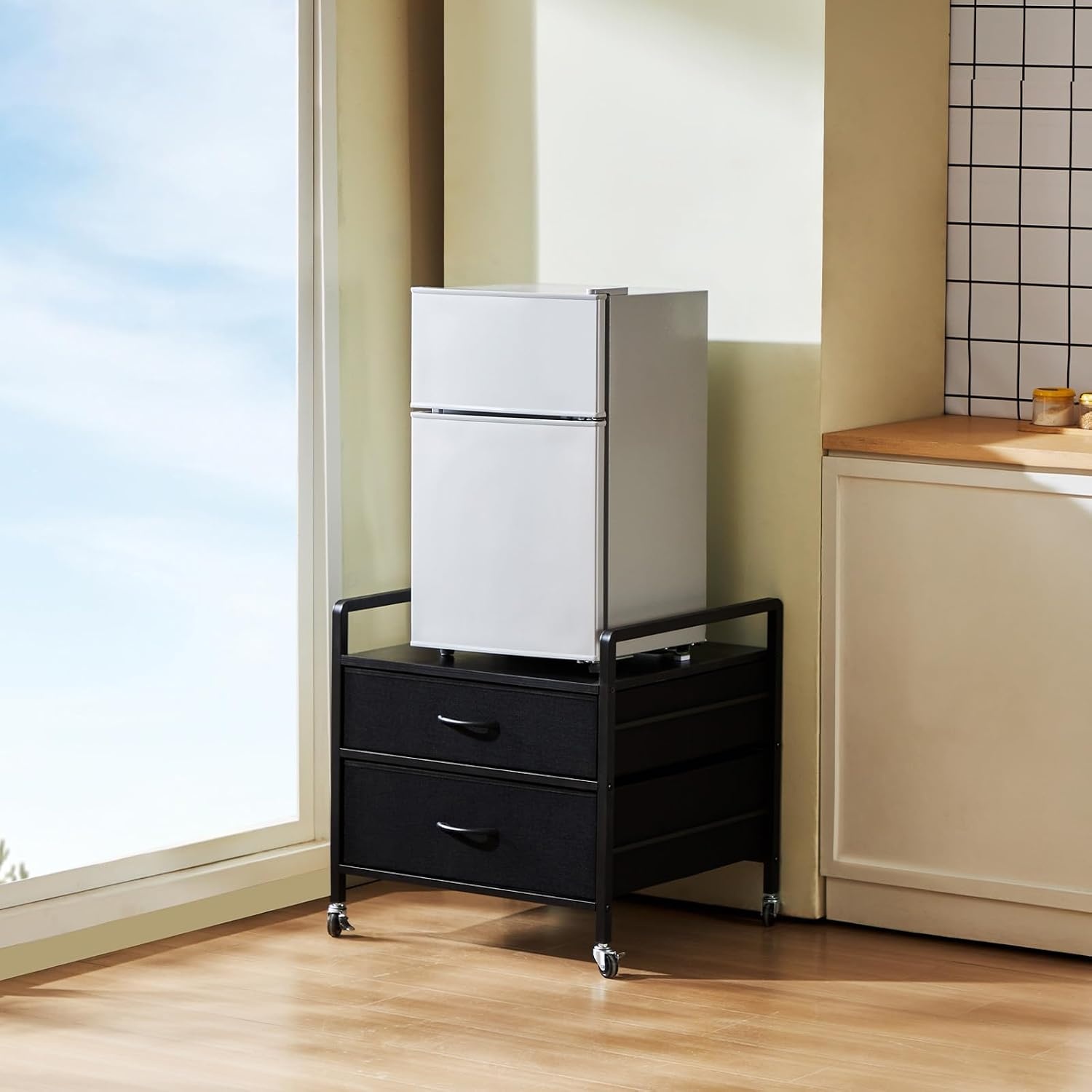 image:imageVEVOR Mini Fridge Stand with Storage 198 lbs Mini Fridge Table with Movable Storage Cart amp Swivel Wheels Beverage Refrigerator Stand for Coffee Bar Mini Fridge Organizer for Home Dorm Light BrownBlack