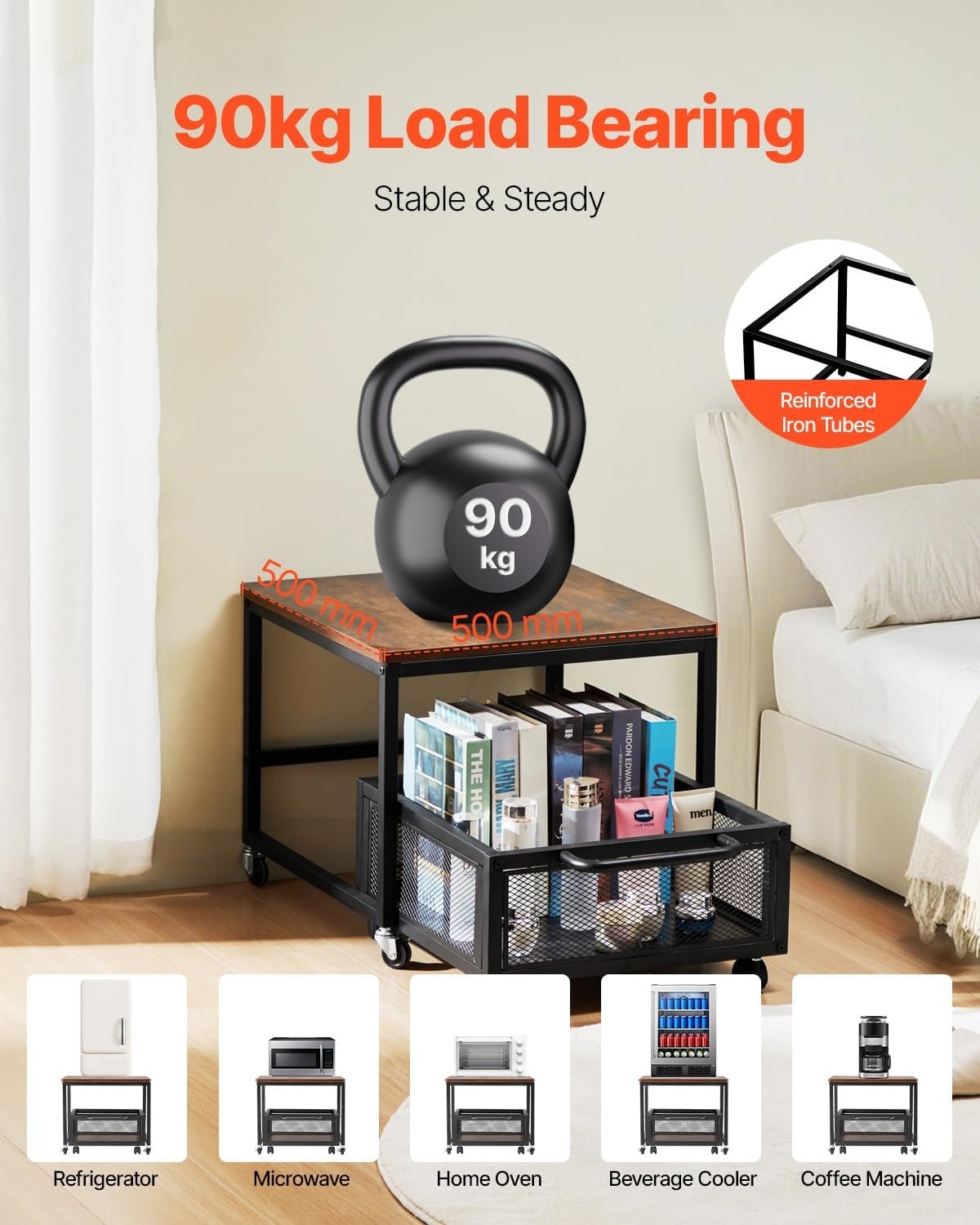 image:imageVEVOR Mini Fridge Stand with Storage 198 lbs Mini Fridge Table with Movable Storage Cart amp Swivel Wheels Beverage Refrigerator Stand for Coffee Bar Mini Fridge Organizer for Home Dorm Light BrownDark Brown