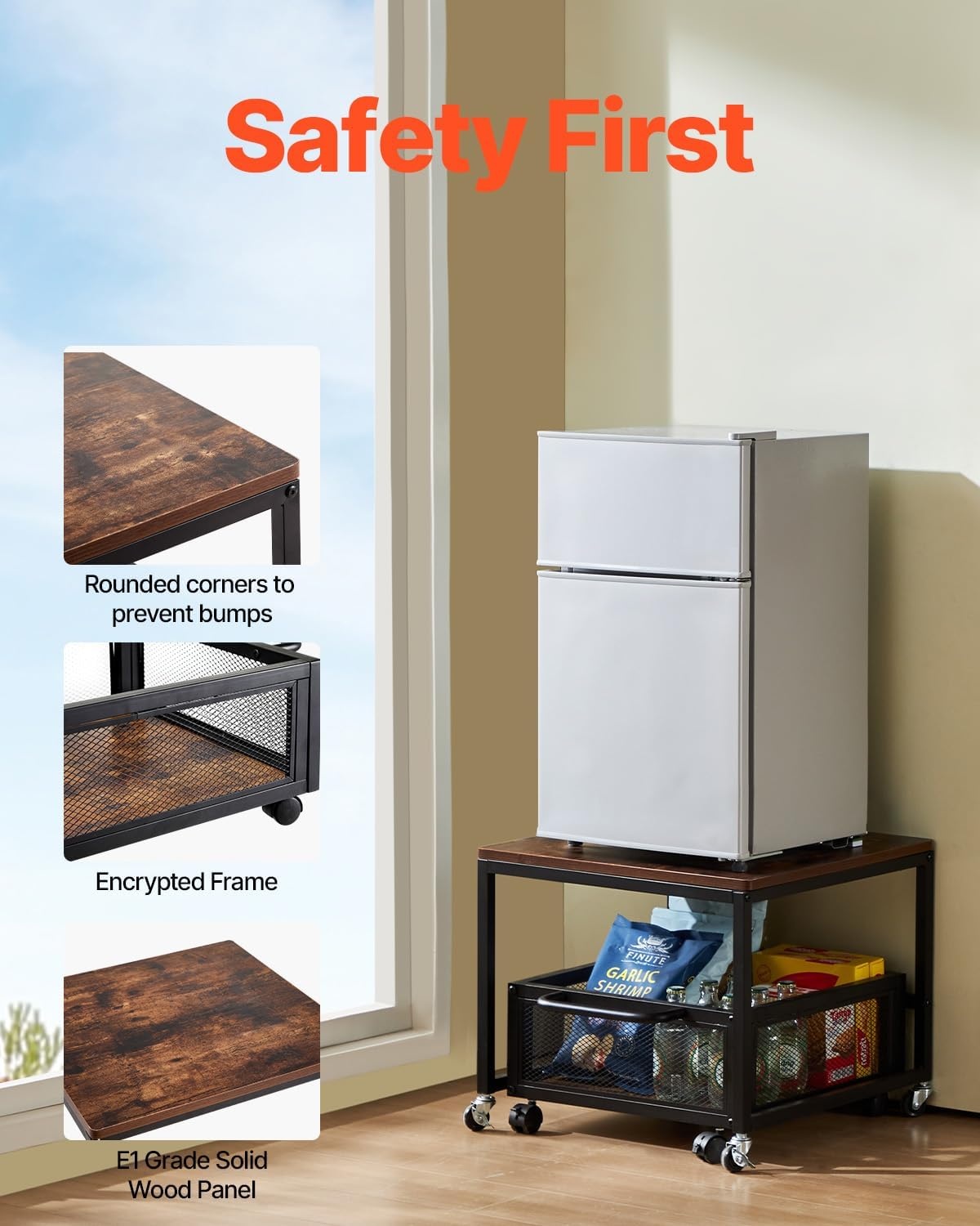 image:imageVEVOR Mini Fridge Stand with Storage 198 lbs Mini Fridge Table with Movable Storage Cart amp Swivel Wheels Beverage Refrigerator Stand for Coffee Bar Mini Fridge Organizer for Home Dorm Light BrownDark Brown