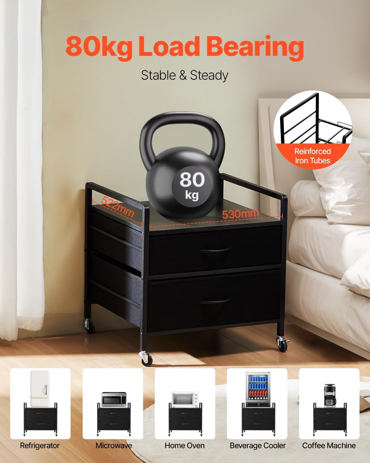 image:imageVEVOR Mini Fridge Stand with Storage 198 lbs Mini Fridge Table with Movable Storage Cart amp Swivel Wheels Beverage Refrigerator Stand for Coffee Bar Mini Fridge Organizer for Home Dorm Light BrownBlack