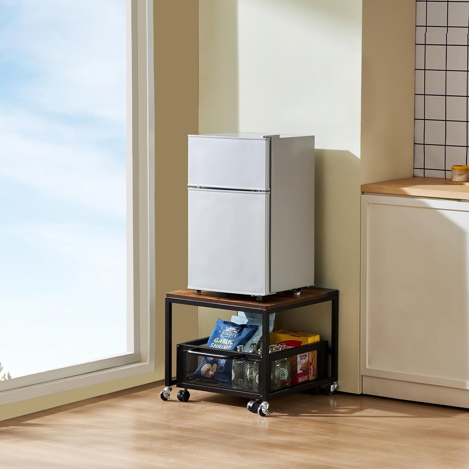 image:imageVEVOR Mini Fridge Stand with Storage 198 lbs Mini Fridge Table with Movable Storage Cart amp Swivel Wheels Beverage Refrigerator Stand for Coffee Bar Mini Fridge Organizer for Home Dorm Light BrownLight Brown