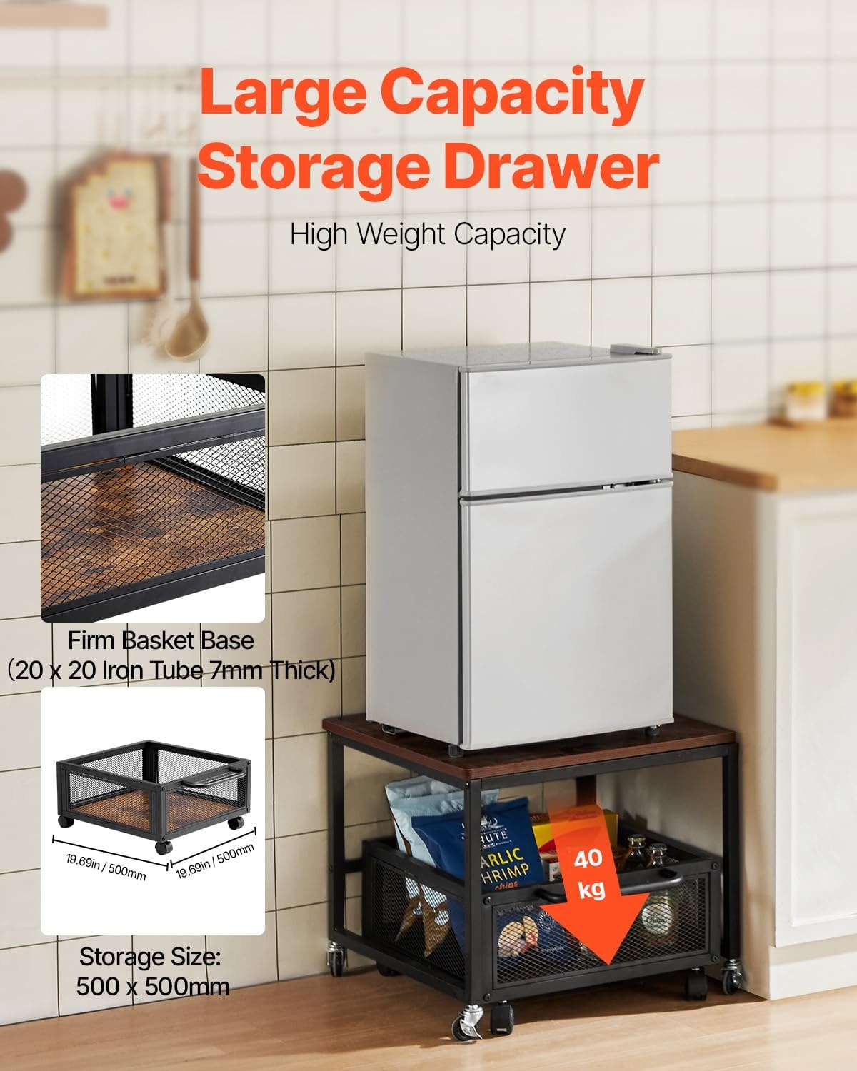 image:imageVEVOR Mini Fridge Stand with Storage 198 lbs Mini Fridge Table with Movable Storage Cart amp Swivel Wheels Beverage Refrigerator Stand for Coffee Bar Mini Fridge Organizer for Home Dorm Light BrownDark Brown