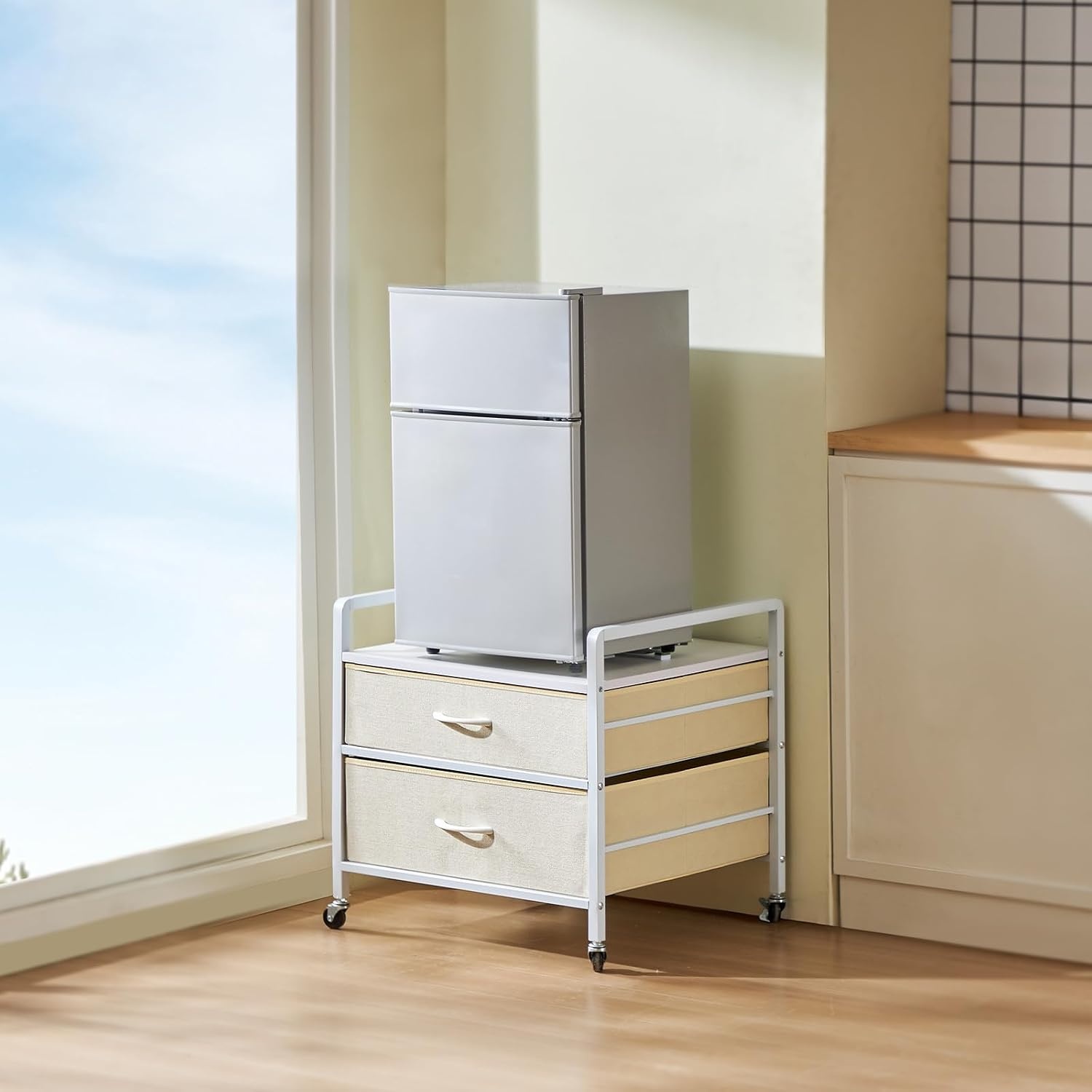 image:imageVEVOR Mini Fridge Stand with Storage 198 lbs Mini Fridge Table with Movable Storage Cart amp Swivel Wheels Beverage Refrigerator Stand for Coffee Bar Mini Fridge Organizer for Home Dorm Light BrownWhite