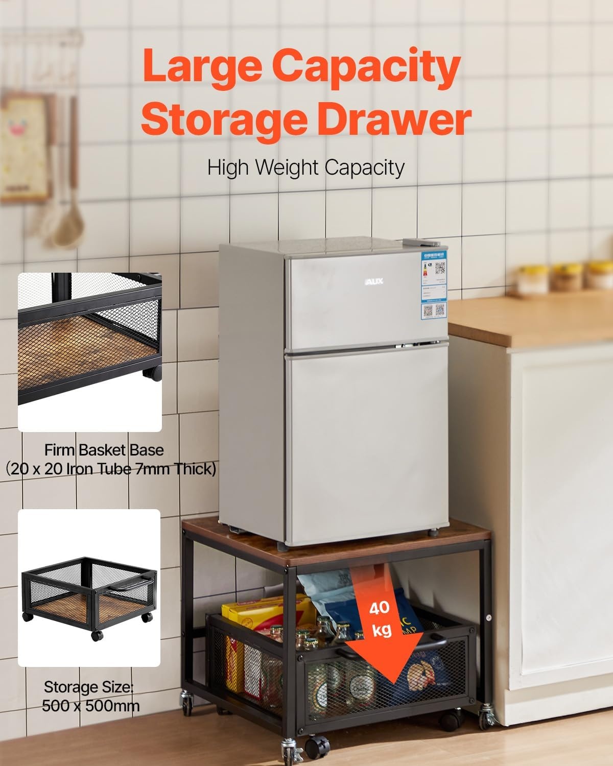 image:imageVEVOR Mini Fridge Stand with Storage 198 lbs Mini Fridge Table with Movable Storage Cart amp Swivel Wheels Beverage Refrigerator Stand for Coffee Bar Mini Fridge Organizer for Home Dorm Light BrownLight Brown