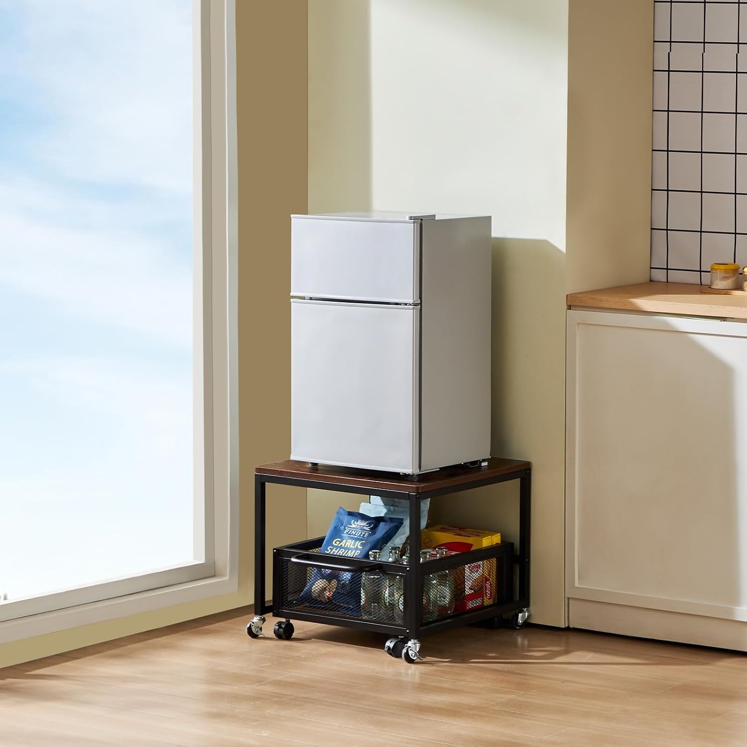 image:imageVEVOR Mini Fridge Stand with Storage 198 lbs Mini Fridge Table with Movable Storage Cart amp Swivel Wheels Beverage Refrigerator Stand for Coffee Bar Mini Fridge Organizer for Home Dorm Light BrownDark Brown