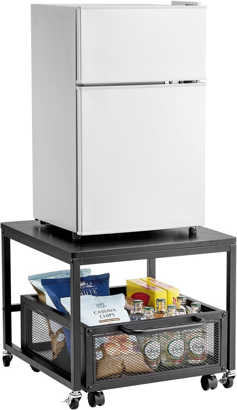 image:imageVEVOR Mini Fridge Stand with Storage 198 lbs Mini Fridge Table with Movable Storage Cart amp Swivel Wheels Beverage Refrigerator Stand for Coffee Bar Mini Fridge Organizer for Home Dorm Light BrownBlack