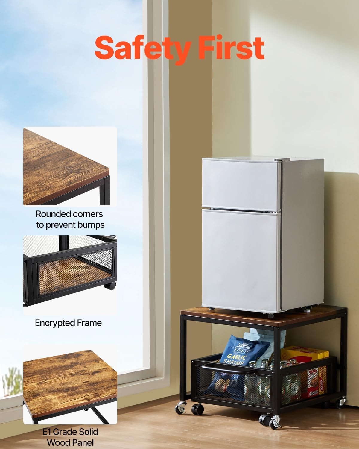 image:imageVEVOR Mini Fridge Stand with Storage 198 lbs Mini Fridge Table with Movable Storage Cart amp Swivel Wheels Beverage Refrigerator Stand for Coffee Bar Mini Fridge Organizer for Home Dorm Light BrownLight Brown