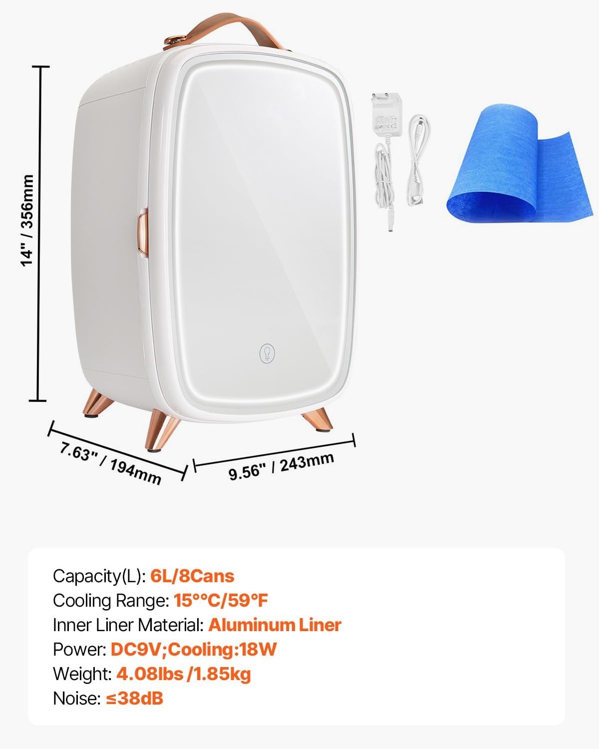 image:imageVEVOR Mini Fridge for Bedroom 6L Luxury Cosmetic Fridges LED Light amp HD Mirror ACDC Portable Mini Fridge for Car Dorm Office Compact Personal Fridge for Beauty Face Mask Beverage Chill White