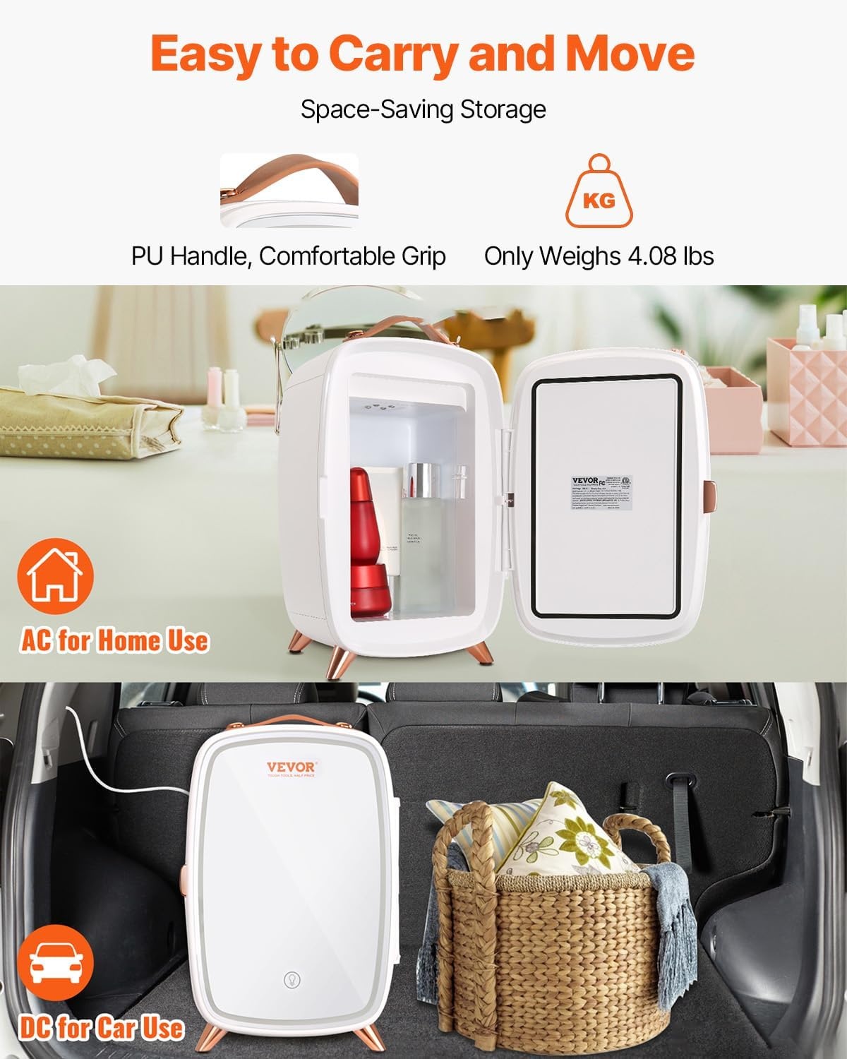 image:imageVEVOR Mini Fridge for Bedroom 6L Luxury Cosmetic Fridges LED Light amp HD Mirror ACDC Portable Mini Fridge for Car Dorm Office Compact Personal Fridge for Beauty Face Mask Beverage Chill White