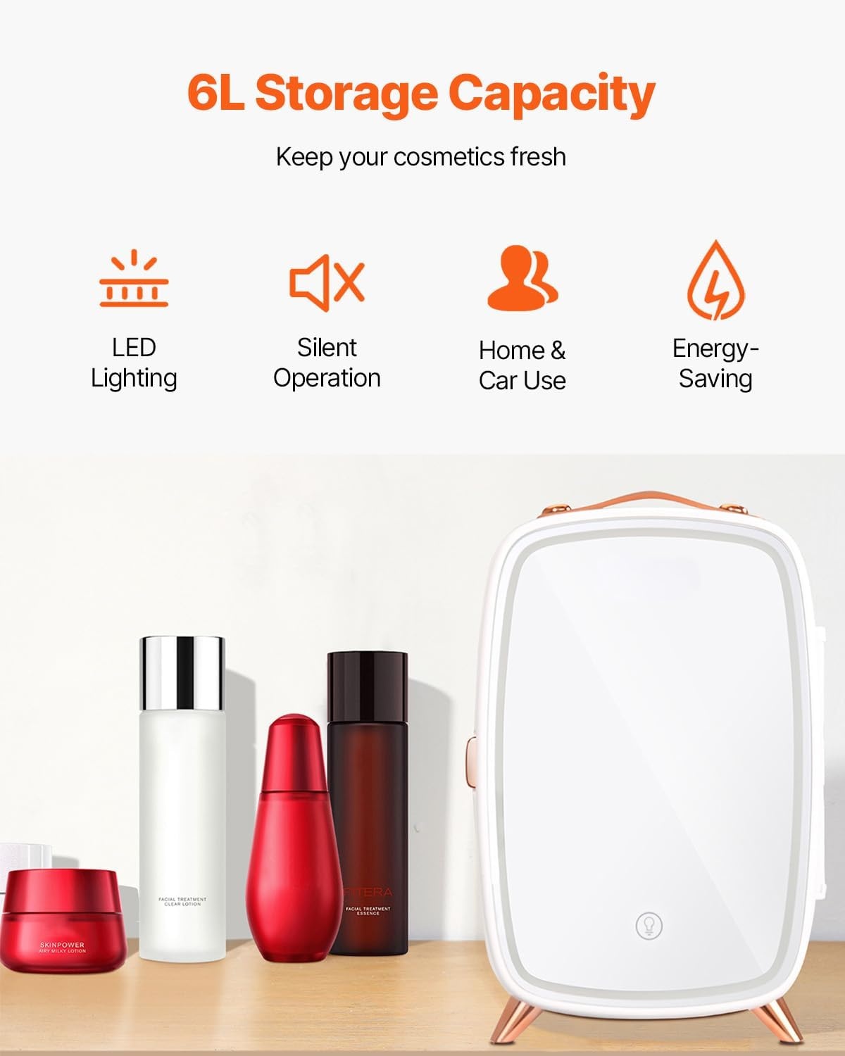 image:imageVEVOR Mini Fridge for Bedroom 6L Luxury Cosmetic Fridges LED Light amp HD Mirror ACDC Portable Mini Fridge for Car Dorm Office Compact Personal Fridge for Beauty Face Mask Beverage Chill White