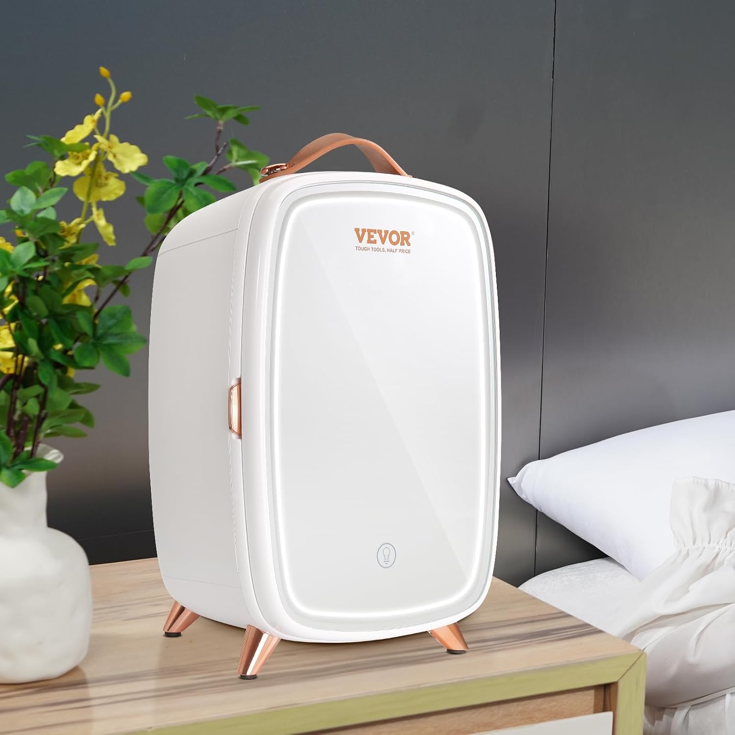 image:imageVEVOR Mini Fridge for Bedroom 6L Luxury Cosmetic Fridges LED Light amp HD Mirror ACDC Portable Mini Fridge for Car Dorm Office Compact Personal Fridge for Beauty Face Mask Beverage Chill White