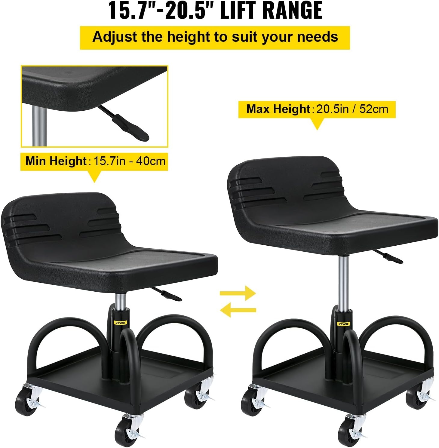 image:imageVEVOR Mobile Rolling Seat 300LBS Capacity 157 to 205 Adjustable Height Mechanic Rolling Stool with Swivel Wheels and Tool Tray for Workshop Auto Repair Shop Black