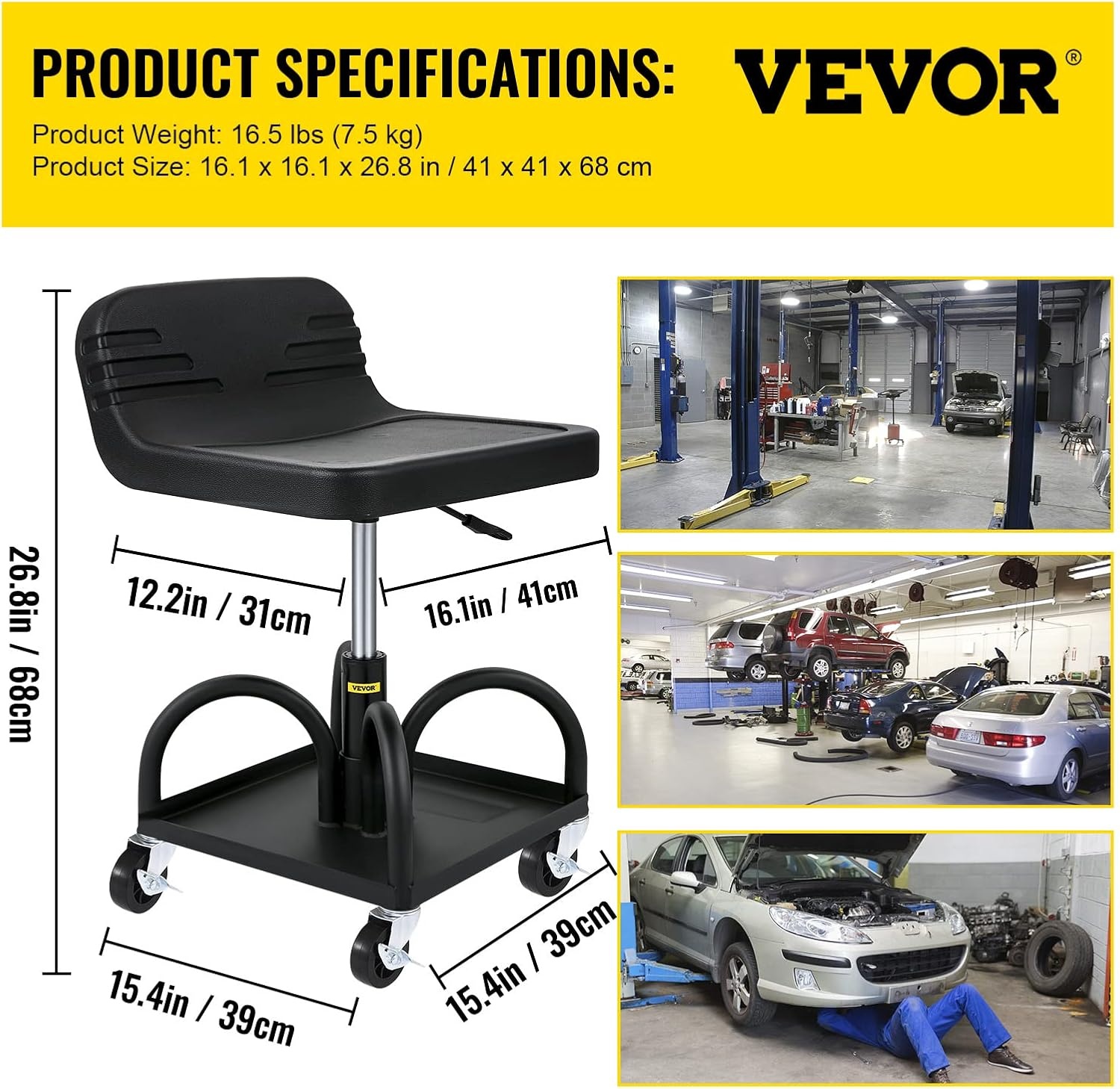 image:imageVEVOR Mobile Rolling Seat 300LBS Capacity 157 to 205 Adjustable Height Mechanic Rolling Stool with Swivel Wheels and Tool Tray for Workshop Auto Repair Shop Black