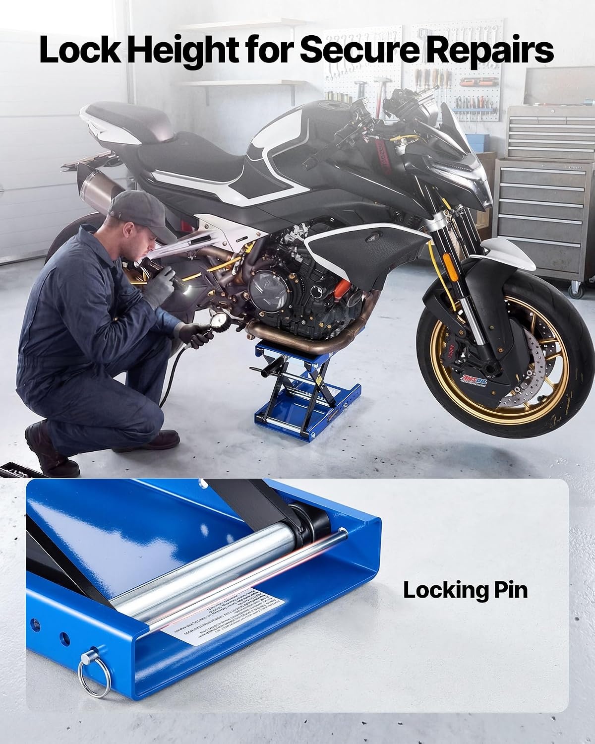 image:imageVEVOR Motorcycle Lift 1100 LBS Motorcycle Scissor Lift Jack with Wide Deck amp Safety Pin 37138 Center Hoist Crank Stand Steel Scissor Jack for Street Bikes Cruiser Bikes Touring Motorcycles Steel Scissor Jack with Lock Pin 37138 Center Hoist Crank Stand for Street Bikes Cruiser Bikes Touring MotorcyclesBlue