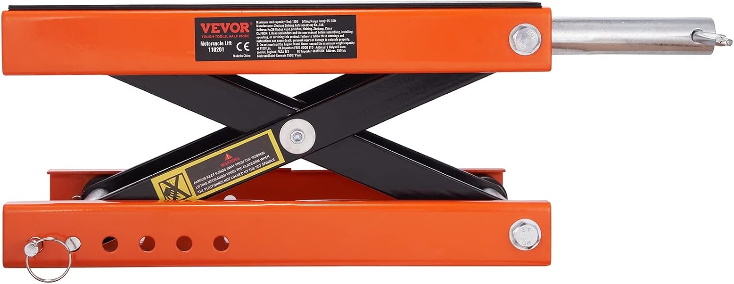 image:imageVEVOR Motorcycle Lift 1100 LBS Motorcycle Scissor Lift Jack with Wide Deck amp Safety Pin 37138 Center Hoist Crank Stand Steel Scissor Jack for Street Bikes Cruiser Bikes Touring Motorcycles Steel Scissor Jack with Lock Pin 37138 Center Hoist Crank Stand for Street Bikes Cruiser Bikes Touring MotorcyclesOrangeBlack