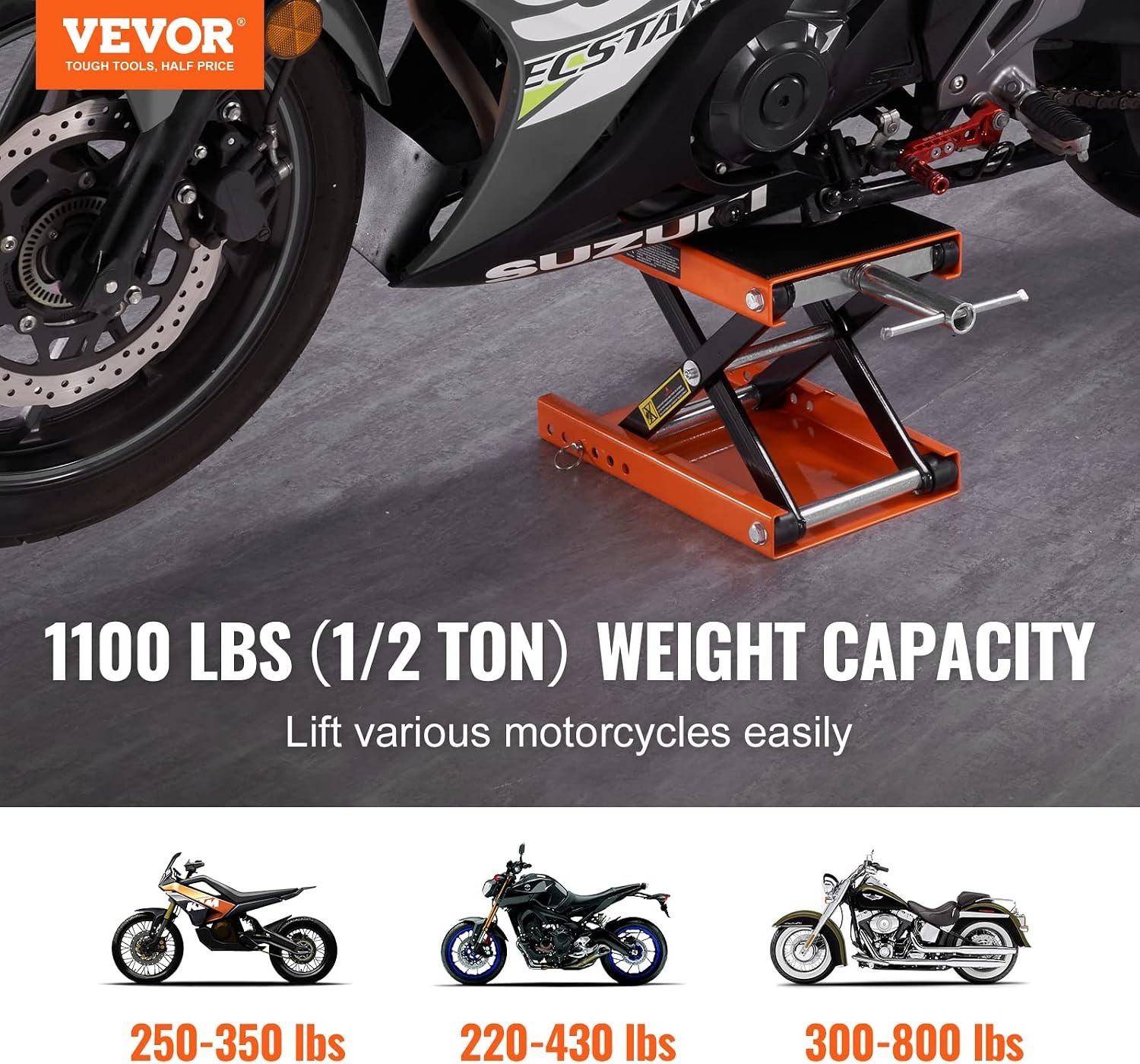 image:imageVEVOR Motorcycle Lift 1100 LBS Motorcycle Scissor Lift Jack with Wide Deck amp Safety Pin 37138 Center Hoist Crank Stand Steel Scissor Jack for Street Bikes Cruiser Bikes Touring Motorcycles Steel Scissor Jack with Lock Pin 37138 Center Hoist Crank Stand for Street Bikes Cruiser Bikes Touring MotorcyclesOrangeBlack