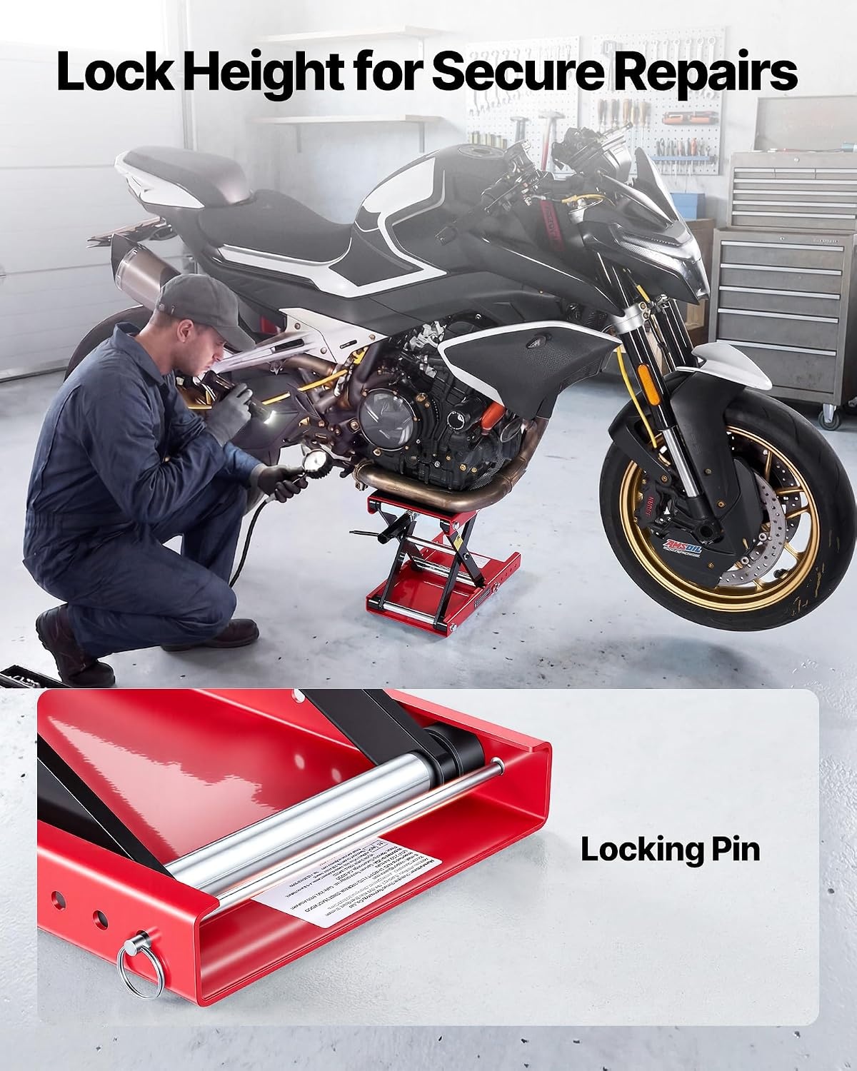 image:imageVEVOR Motorcycle Lift 1100 LBS Motorcycle Scissor Lift Jack with Wide Deck amp Safety Pin 37138 Center Hoist Crank Stand Steel Scissor Jack for Street Bikes Cruiser Bikes Touring Motorcycles Steel Scissor Jack with Lock Pin 37138 Center Hoist Crank Stand for Street Bikes Cruiser Bikes Touring MotorcyclesRed