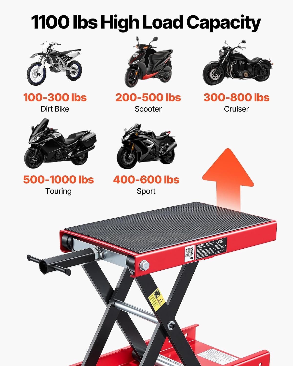 image:imageVEVOR Motorcycle Lift 1100 LBS Motorcycle Scissor Lift Jack with Wide Deck amp Safety Pin 37138 Center Hoist Crank Stand Steel Scissor Jack for Street Bikes Cruiser Bikes Touring Motorcycles Steel Scissor Jack with Lock Pin 37138 Center Hoist Crank Stand for Street Bikes Cruiser Bikes Touring MotorcyclesRed