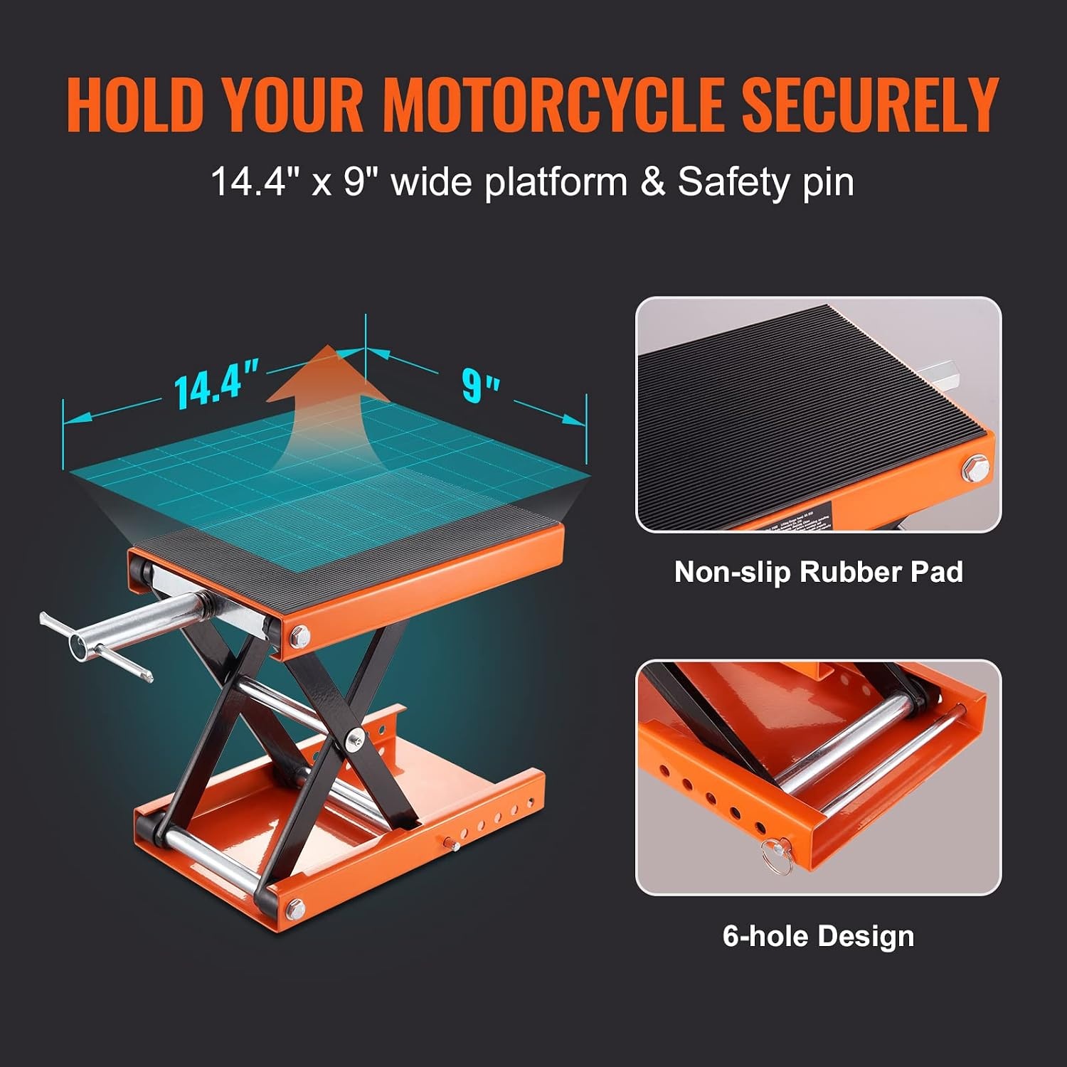 image:imageVEVOR Motorcycle Lift 1100 LBS Motorcycle Scissor Lift Jack with Wide Deck amp Safety Pin 37138 Center Hoist Crank Stand Steel Scissor Jack for Street Bikes Cruiser Bikes Touring Motorcycles Steel Scissor Jack with Lock Pin 37138 Center Hoist Crank Stand for Street Bikes Cruiser Bikes Touring MotorcyclesOrangeBlack