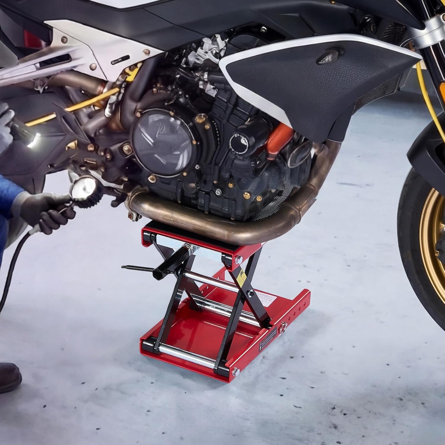 image:imageVEVOR Motorcycle Lift 1100 LBS Motorcycle Scissor Lift Jack with Wide Deck amp Safety Pin 37138 Center Hoist Crank Stand Steel Scissor Jack for Street Bikes Cruiser Bikes Touring Motorcycles Steel Scissor Jack with Lock Pin 37138 Center Hoist Crank Stand for Street Bikes Cruiser Bikes Touring MotorcyclesRed