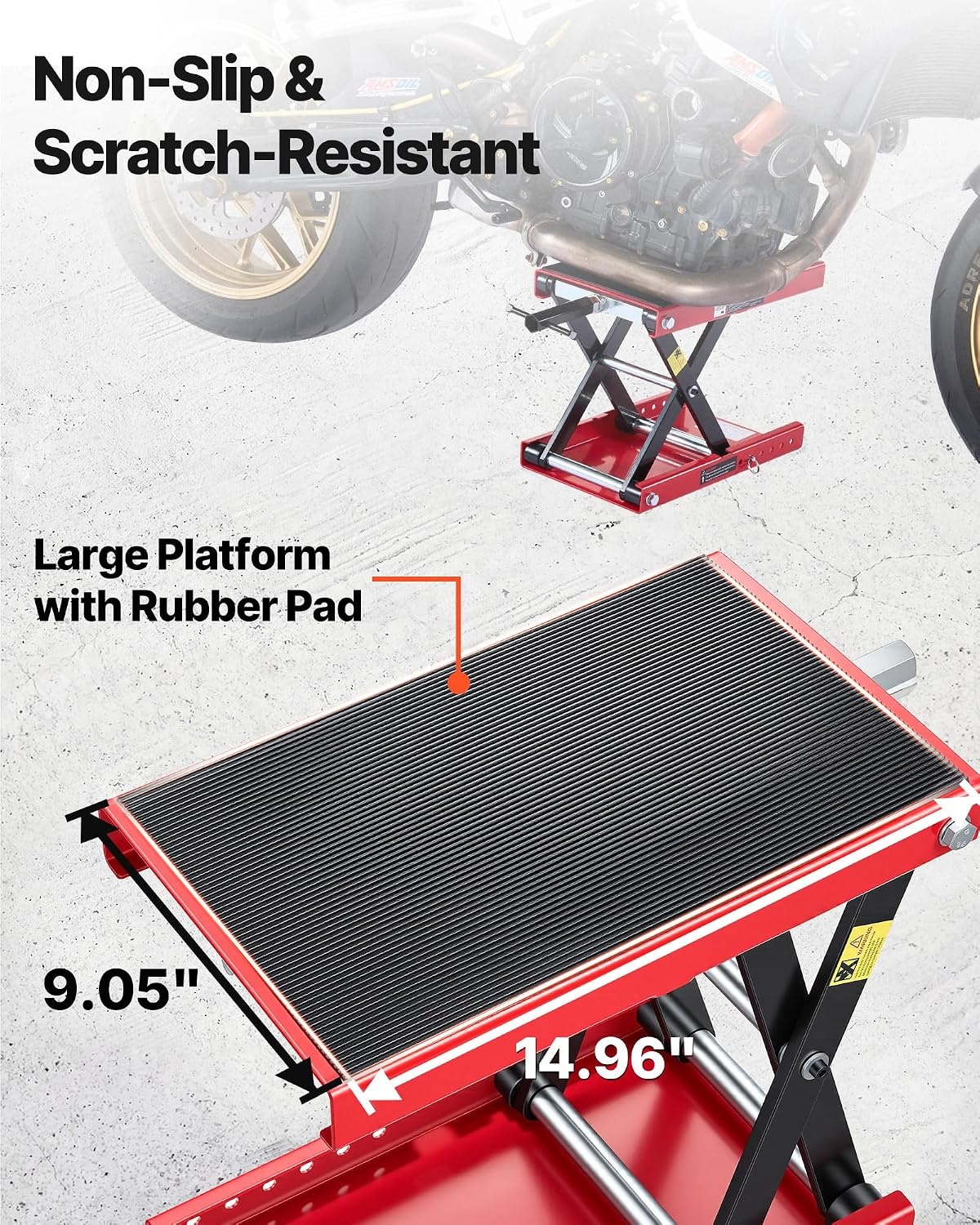 image:imageVEVOR Motorcycle Lift 1100 LBS Motorcycle Scissor Lift Jack with Wide Deck amp Safety Pin 37138 Center Hoist Crank Stand Steel Scissor Jack for Street Bikes Cruiser Bikes Touring Motorcycles Steel Scissor Jack with Lock Pin 37138 Center Hoist Crank Stand for Street Bikes Cruiser Bikes Touring MotorcyclesRed