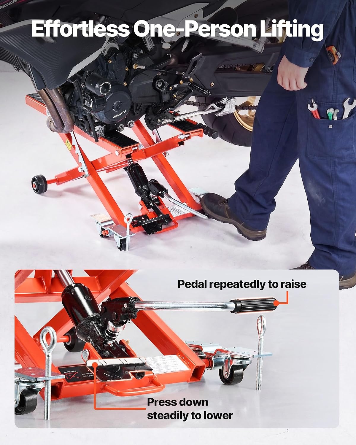 image:imageVEVOR Motorcycle Lift 1100lbs ATV Scissor Lift Jack with Dolly amp Hand Crank Garage Repair Center Hoist Crank Stand with Wide Deck and Tool Tray for Street Bikes Cruiser Bikes Touring Motorcycles Garage Repair Center Hoist Crank Stand with Wide Deck and Tool Tray for Street Bikes Cruiser Bikes Touring Motorcycles1100 lbsHydraulicwith 6 Wheels