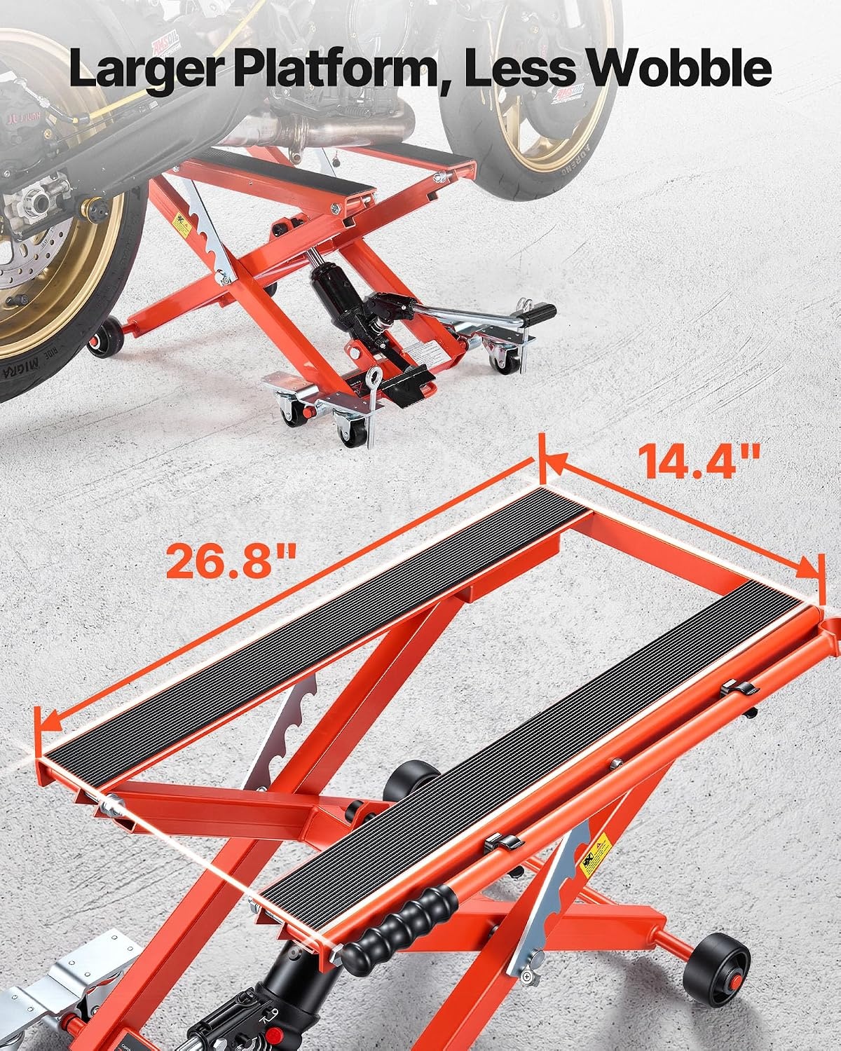 image:imageVEVOR Motorcycle Lift 1100lbs ATV Scissor Lift Jack with Dolly amp Hand Crank Garage Repair Center Hoist Crank Stand with Wide Deck and Tool Tray for Street Bikes Cruiser Bikes Touring Motorcycles Garage Repair Center Hoist Crank Stand with Wide Deck and Tool Tray for Street Bikes Cruiser Bikes Touring Motorcycles1100 lbsHydraulicwith 6 Wheels