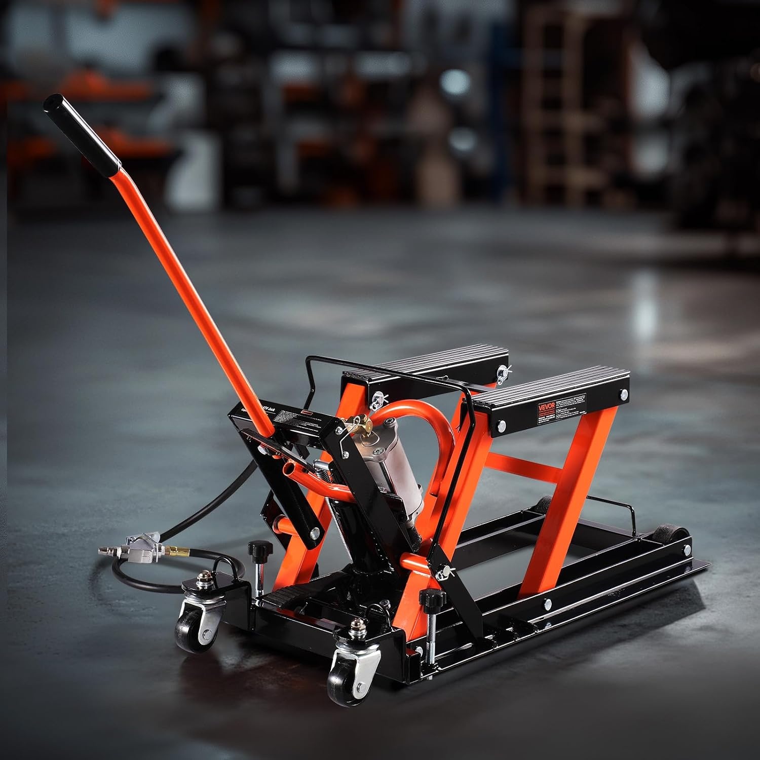image:imageVEVOR Motorcycle Lift 1500lbs Weight Capacity Hydraulic amp Pneumatic Motorcycle Jack 4115 in Height Range Heavy Duty Bike Repair Stand with Removable Ramp with 2 Casters for ATVs Dirt Bike