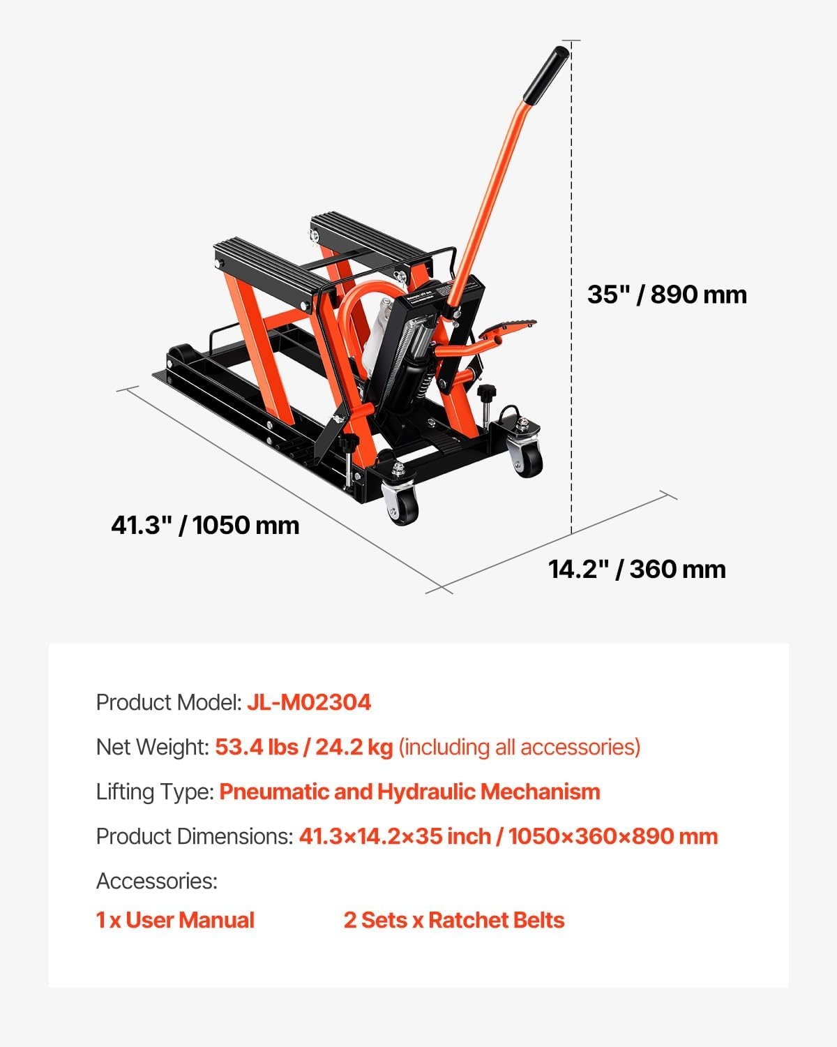 image:imageVEVOR Motorcycle Lift 1500lbs Weight Capacity Hydraulic amp Pneumatic Motorcycle Jack 4115 in Height Range Heavy Duty Bike Repair Stand with Removable Ramp with 2 Casters for ATVs Dirt Bike