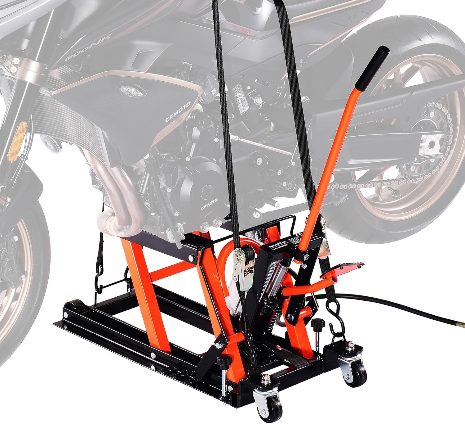 image:imageVEVOR Motorcycle Lift 1500lbs Weight Capacity Hydraulic amp Pneumatic Motorcycle Jack 4115 in Height Range Heavy Duty Bike Repair Stand with Removable Ramp with 2 Casters for ATVs Dirt Bike