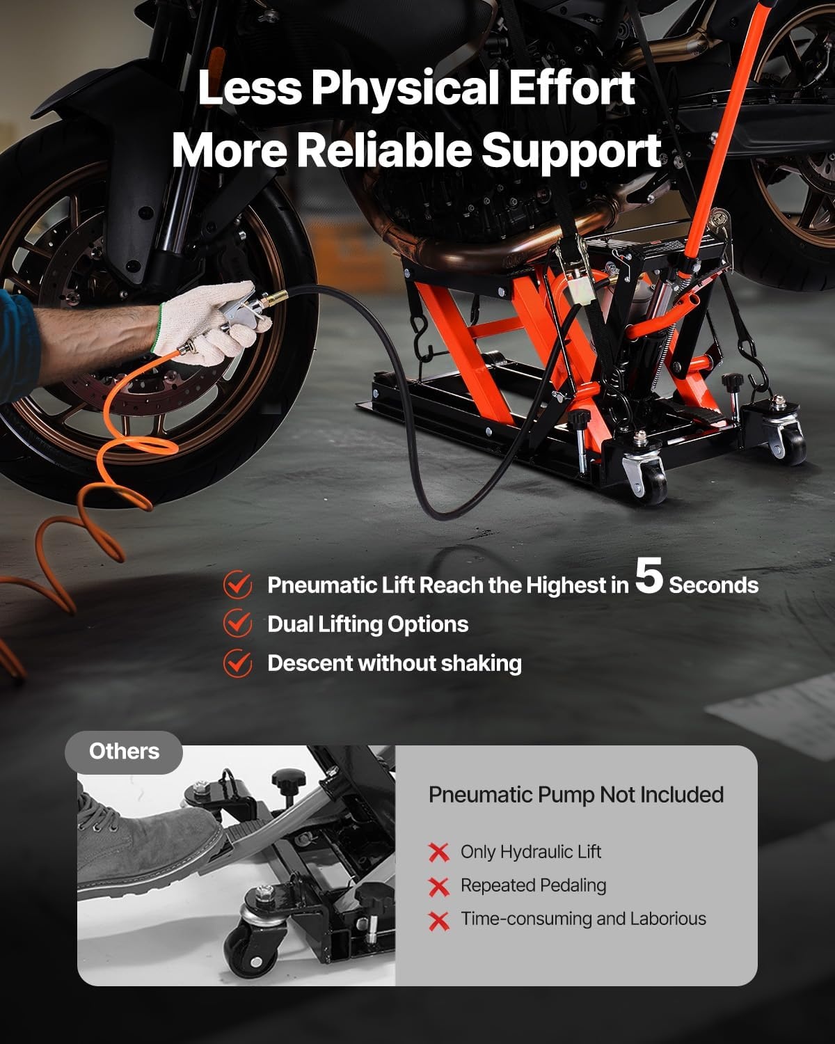 image:imageVEVOR Motorcycle Lift 1500lbs Weight Capacity Hydraulic amp Pneumatic Motorcycle Jack 4115 in Height Range Heavy Duty Bike Repair Stand with Removable Ramp with 2 Casters for ATVs Dirt Bike