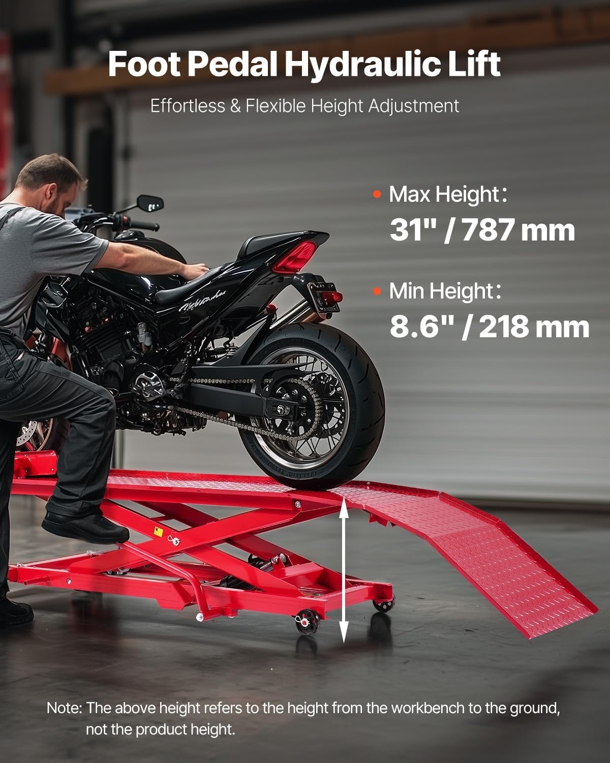 image:imageVEVOR Motorcycle Lift Table 1000lbs Weight Capacity 360 Flexible Moving Motorcycle Jack Stand 8631 in Height Range Heavy Duty Bike Repair Stand with Security Lock for ATVs Dirt Bike1000lbsHydraulicwith nonadjustable width