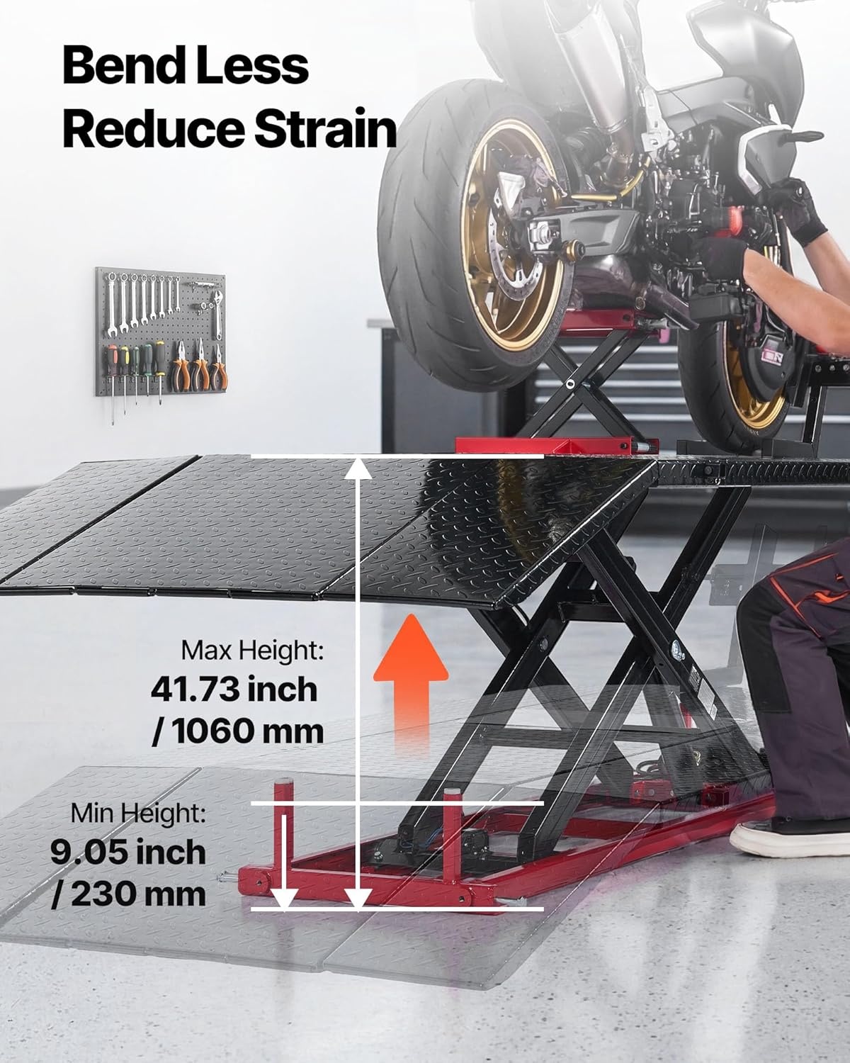 image:imageVEVOR Motorcycle Lift Table 1000lbs Weight Capacity 360 Flexible Moving Motorcycle Jack Stand 8631 in Height Range Heavy Duty Bike Repair Stand with Security Lock for ATVs Dirt Bike1500lbsElectric Hydraulicwith Adjustable width
