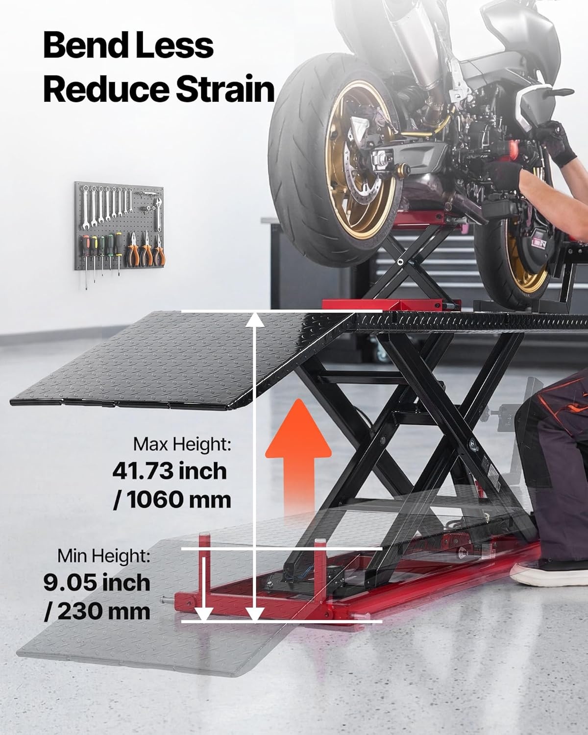 image:imageVEVOR Motorcycle Lift Table 1000lbs Weight Capacity 360 Flexible Moving Motorcycle Jack Stand 8631 in Height Range Heavy Duty Bike Repair Stand with Security Lock for ATVs Dirt Bike1500lbsElectric Hydraulicwith nonadjustable width