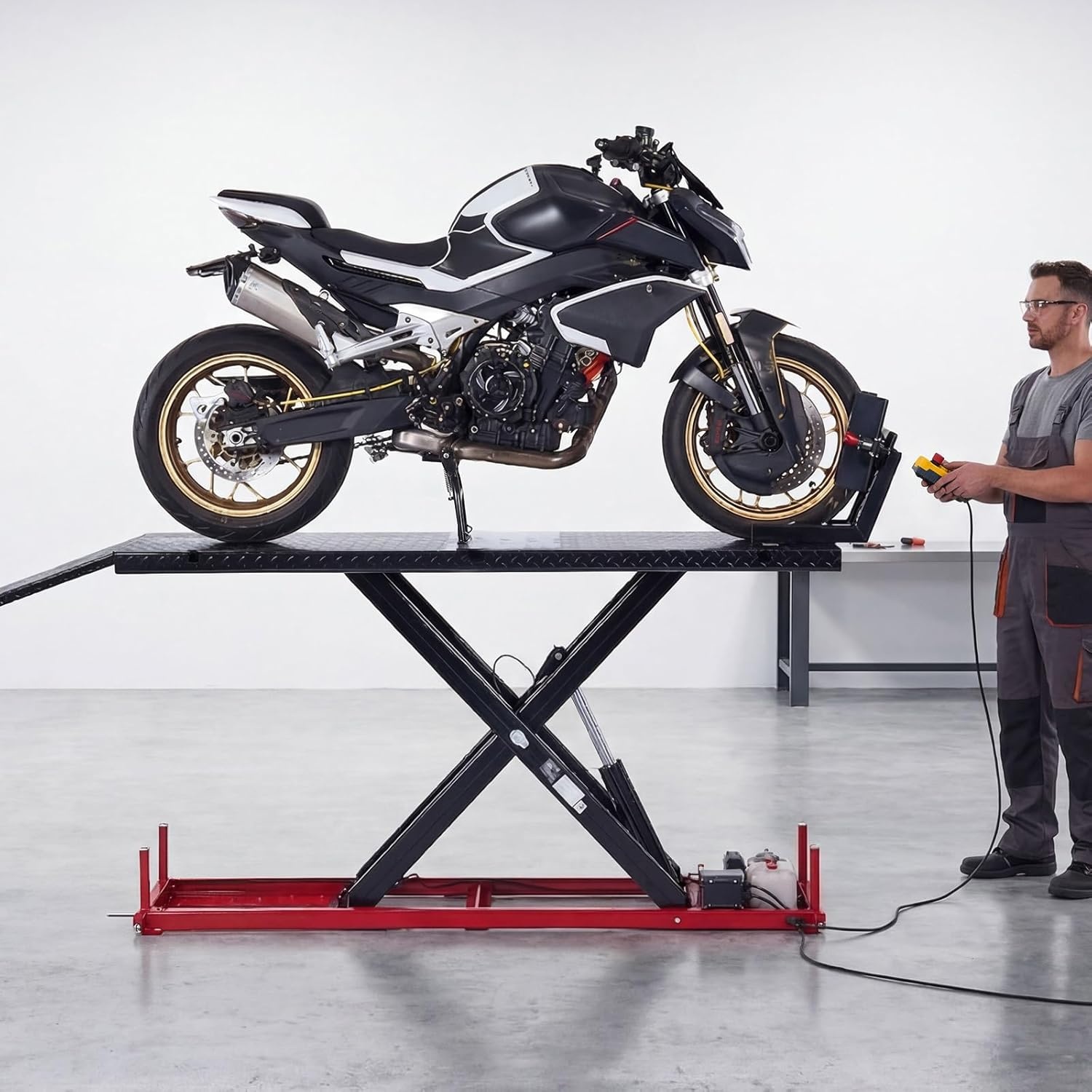 image:imageVEVOR Motorcycle Lift Table 1000lbs Weight Capacity 360 Flexible Moving Motorcycle Jack Stand 8631 in Height Range Heavy Duty Bike Repair Stand with Security Lock for ATVs Dirt Bike1500lbsElectric Hydraulicwith nonadjustable width