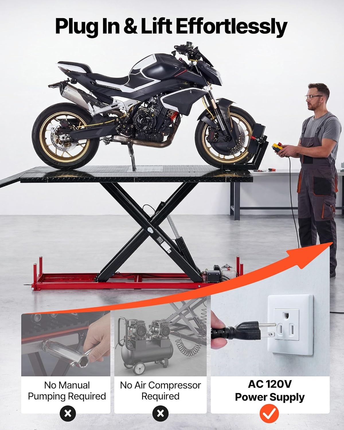 image:imageVEVOR Motorcycle Lift Table 1000lbs Weight Capacity 360 Flexible Moving Motorcycle Jack Stand 8631 in Height Range Heavy Duty Bike Repair Stand with Security Lock for ATVs Dirt Bike1500lbsElectric Hydraulicwith Adjustable width