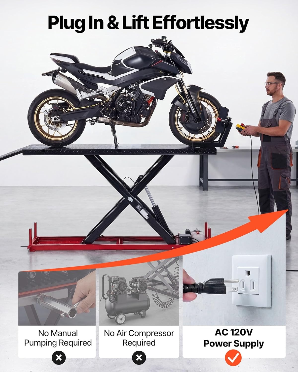 image:imageVEVOR Motorcycle Lift Table 1000lbs Weight Capacity 360 Flexible Moving Motorcycle Jack Stand 8631 in Height Range Heavy Duty Bike Repair Stand with Security Lock for ATVs Dirt Bike1500lbsElectric Hydraulicwith nonadjustable width