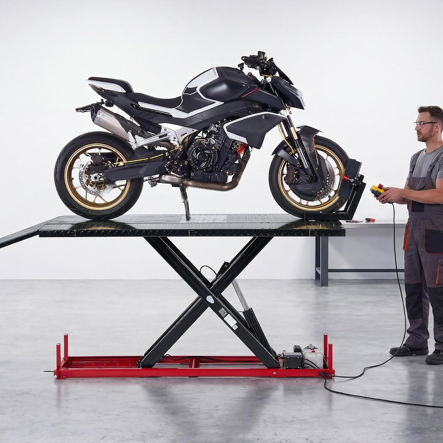 image:imageVEVOR Motorcycle Lift Table 1000lbs Weight Capacity 360 Flexible Moving Motorcycle Jack Stand 8631 in Height Range Heavy Duty Bike Repair Stand with Security Lock for ATVs Dirt Bike1500lbsElectric Hydraulicwith Adjustable width