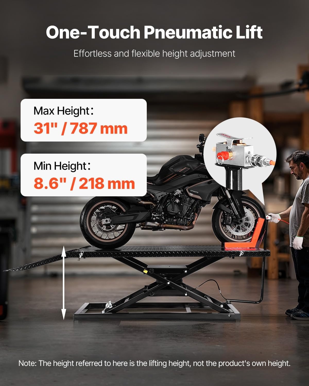 image:imageVEVOR Motorcycle Lift Table 1500lbs Weight Capacity Pneumatic Motorcycle Jack 8631 in Height Range Heavy Duty Bike Repair Stand with Removable Workbench Repair Platform for ATVs Dirt Bike
