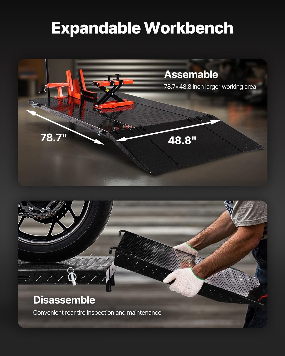 image:imageVEVOR Motorcycle Lift Table 1500lbs Weight Capacity Pneumatic Motorcycle Jack 8631 in Height Range Heavy Duty Bike Repair Stand with Removable Workbench Repair Platform for ATVs Dirt Bike